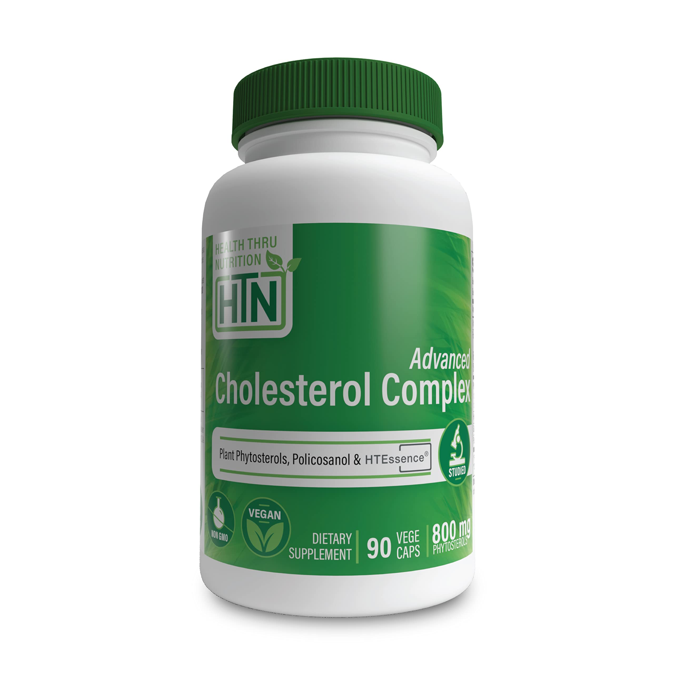 Health Thru Nutrition Advanced Cholesterol Complex bottle with capsules suggesting lipid metabolism support