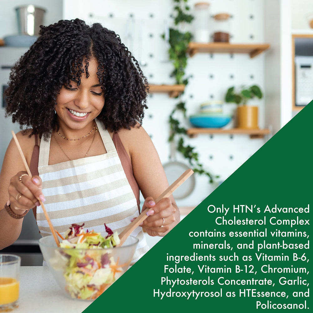 Label close-up of Health Thru Nutrition Advanced Cholesterol Complex showing key ingredients