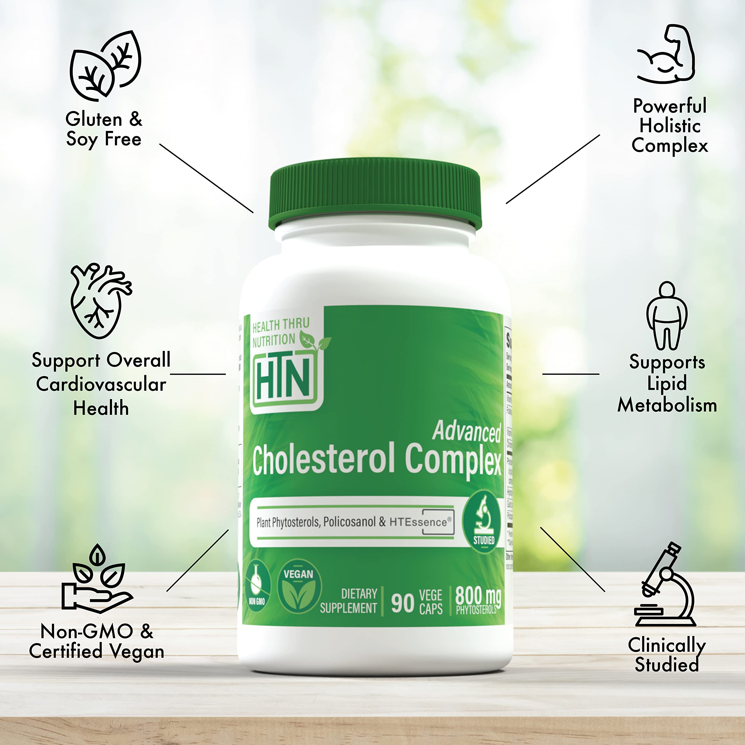 Packaging box of Health Thru Nutrition Advanced Cholesterol Complex highlights vegan non-GMO formulation