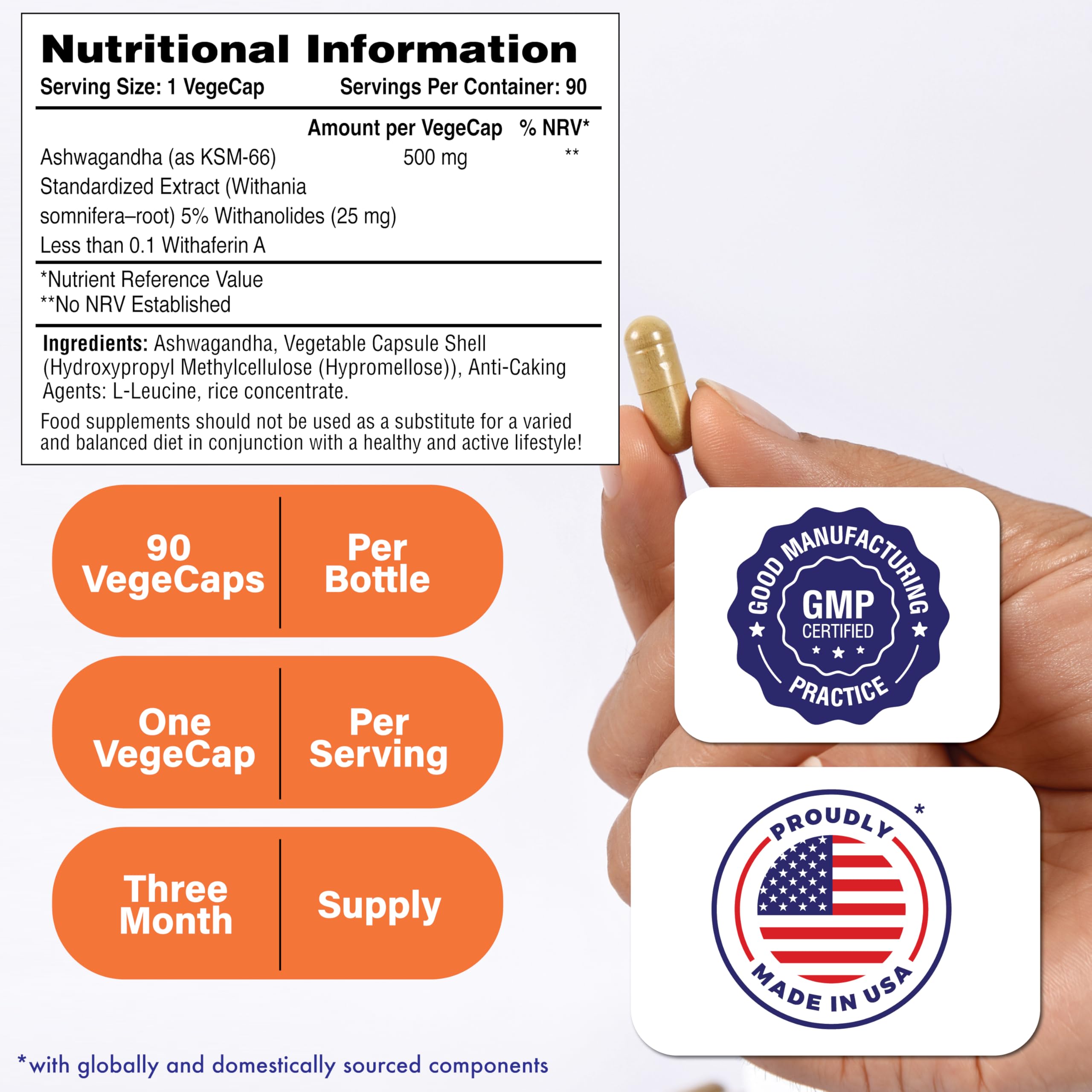 Ashwagandha capsules close-up highlighting KSM-66 for mood and focus support.