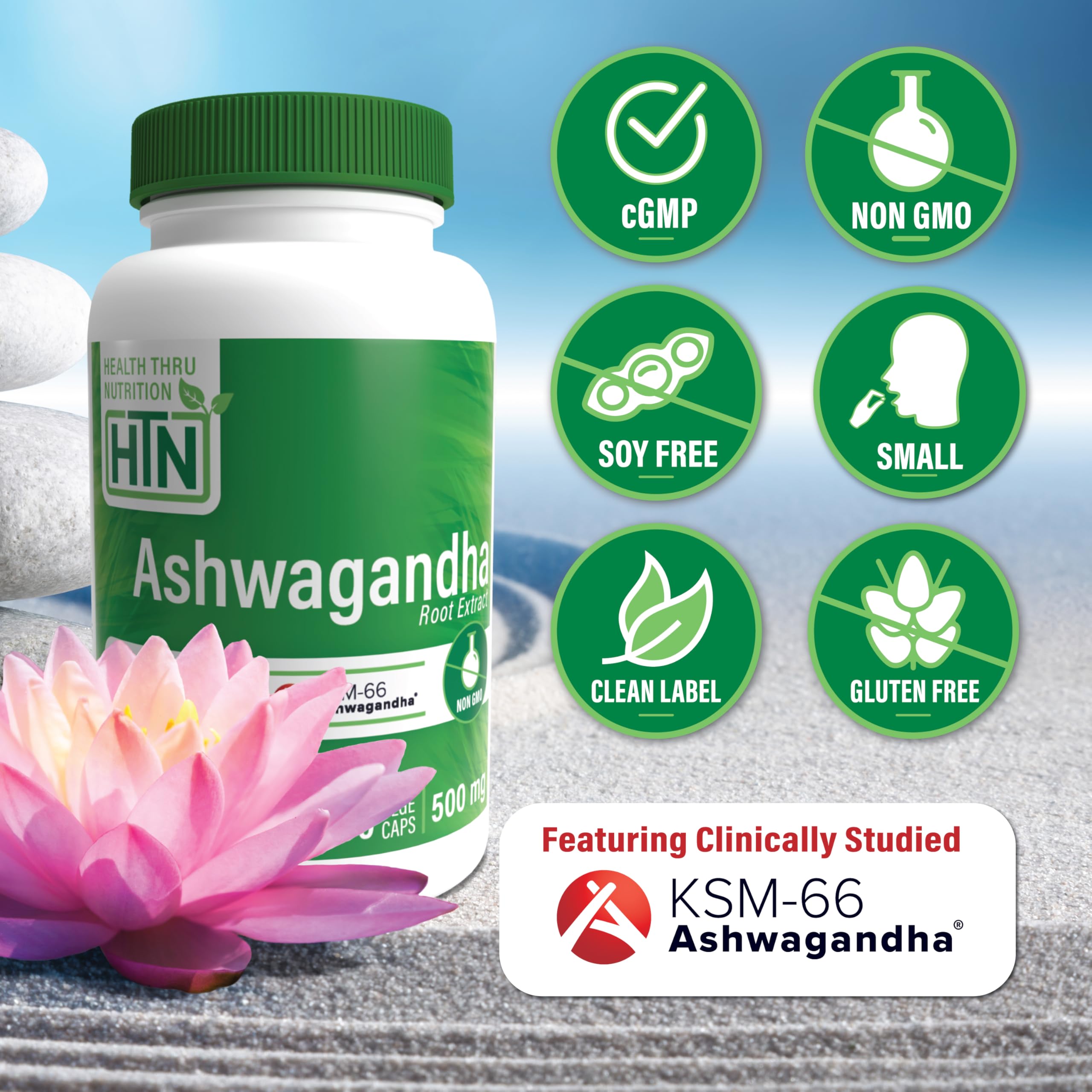 Health Thru Nutrition Ashwagandha label detail highlighting organic extract.