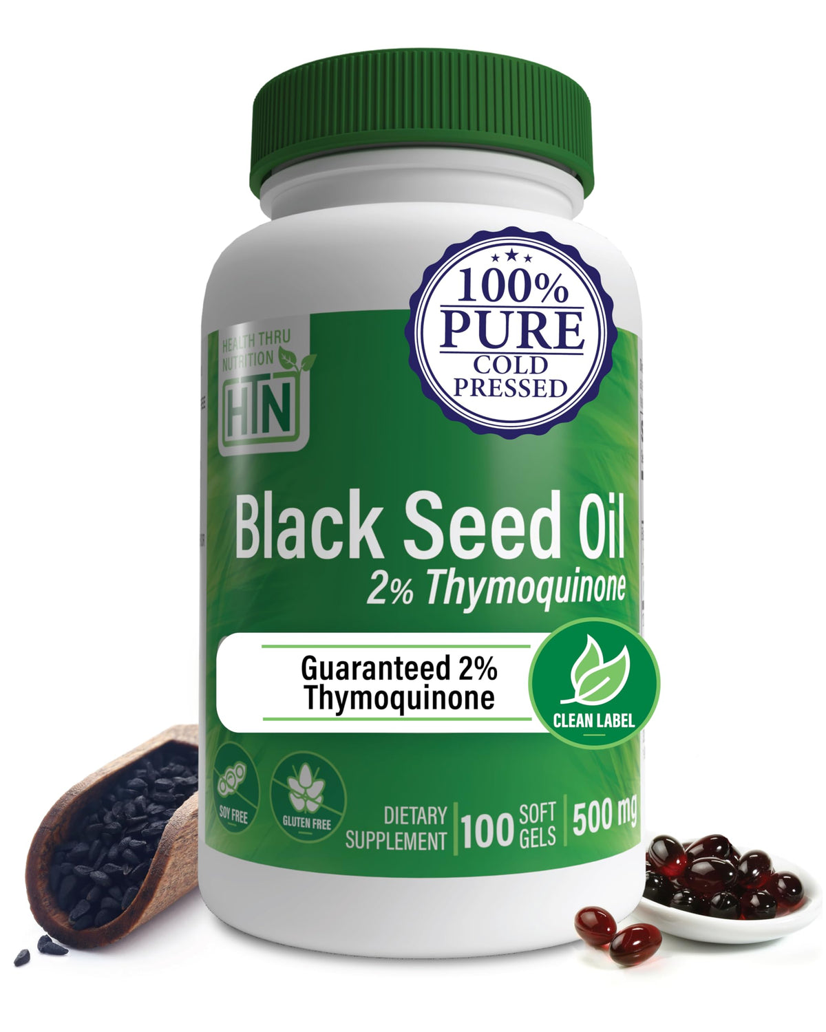 Health Thru Nutrition Black Seed Oil bottle showing purity and potency.