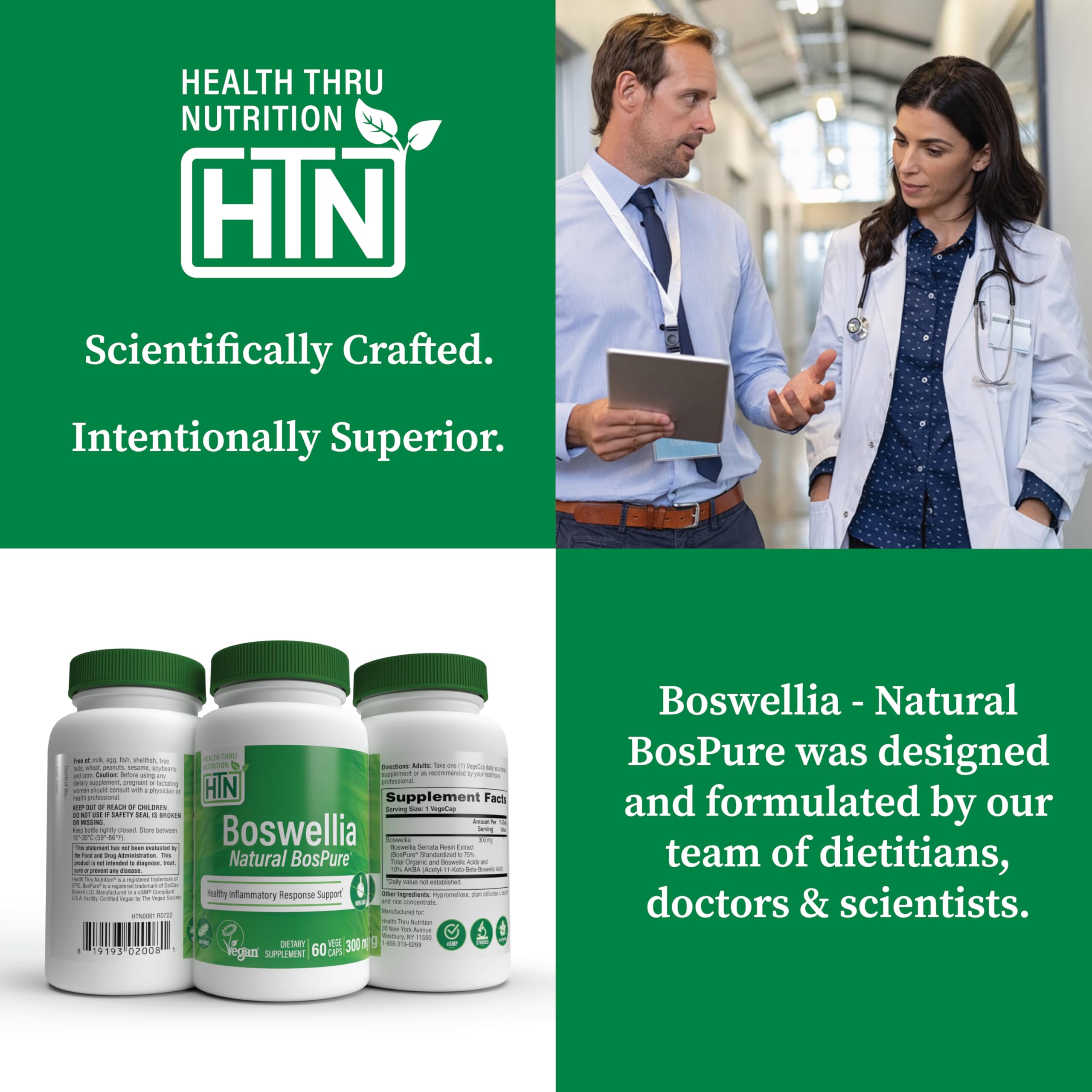 Ingredients panel of Health Thru Nutrition Boswellia AKBAMAX showing gluten-free and soy-free options