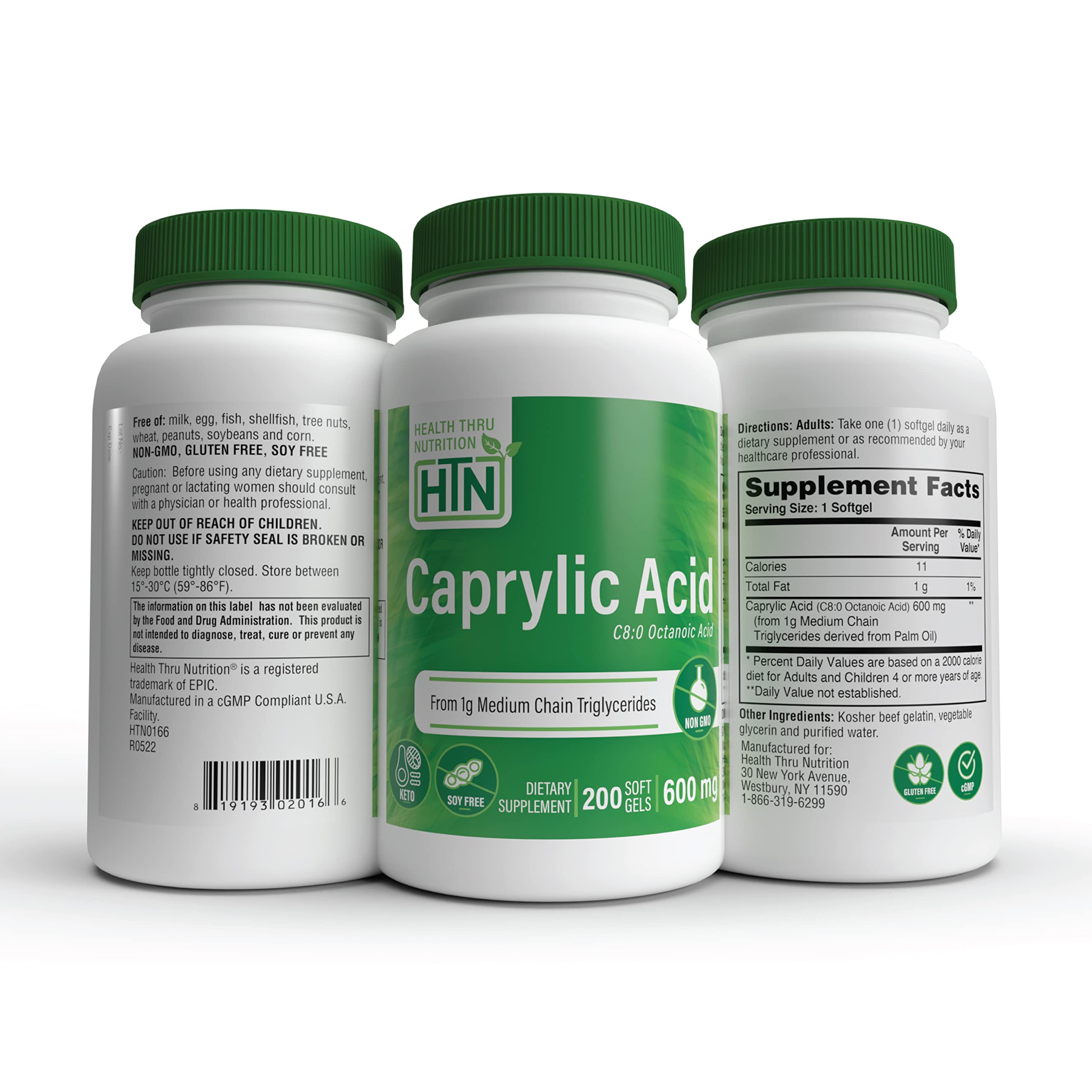 Health Thru Nutrition Caprylic Acid 600mg bottle with dosing spoon