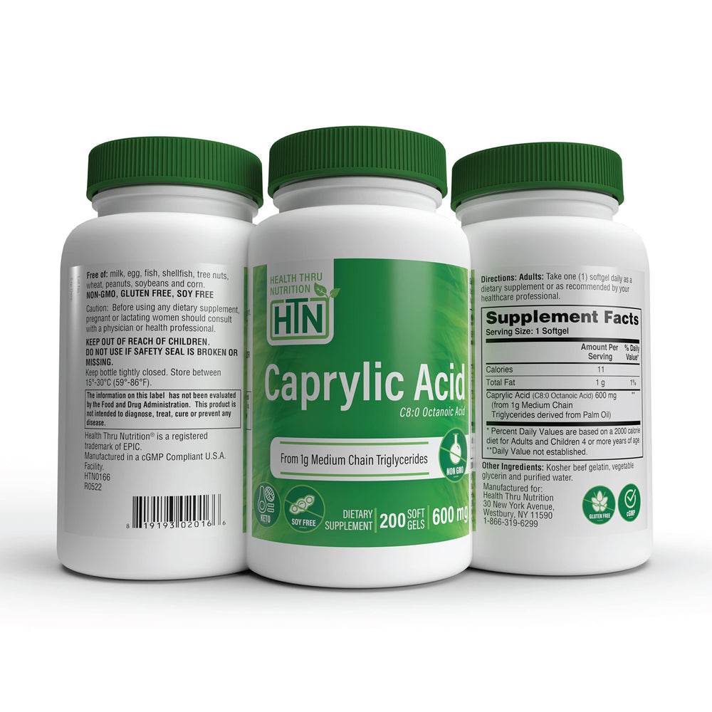 Health Thru Nutrition Caprylic Acid 600mg bottle with dosing spoon