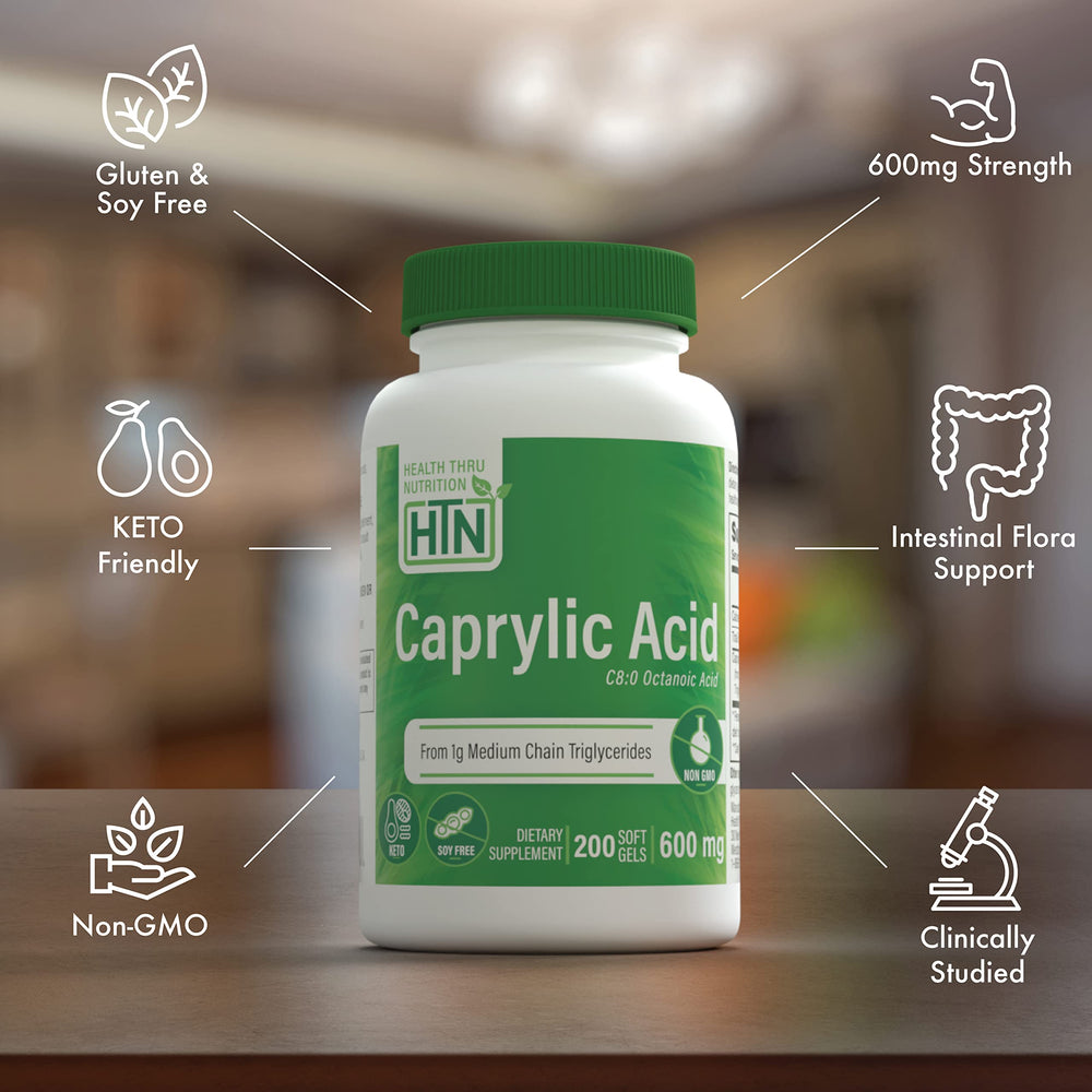 Health Thru Nutrition Caprylic Acid label detail emphasizing non-GMO and soy-free