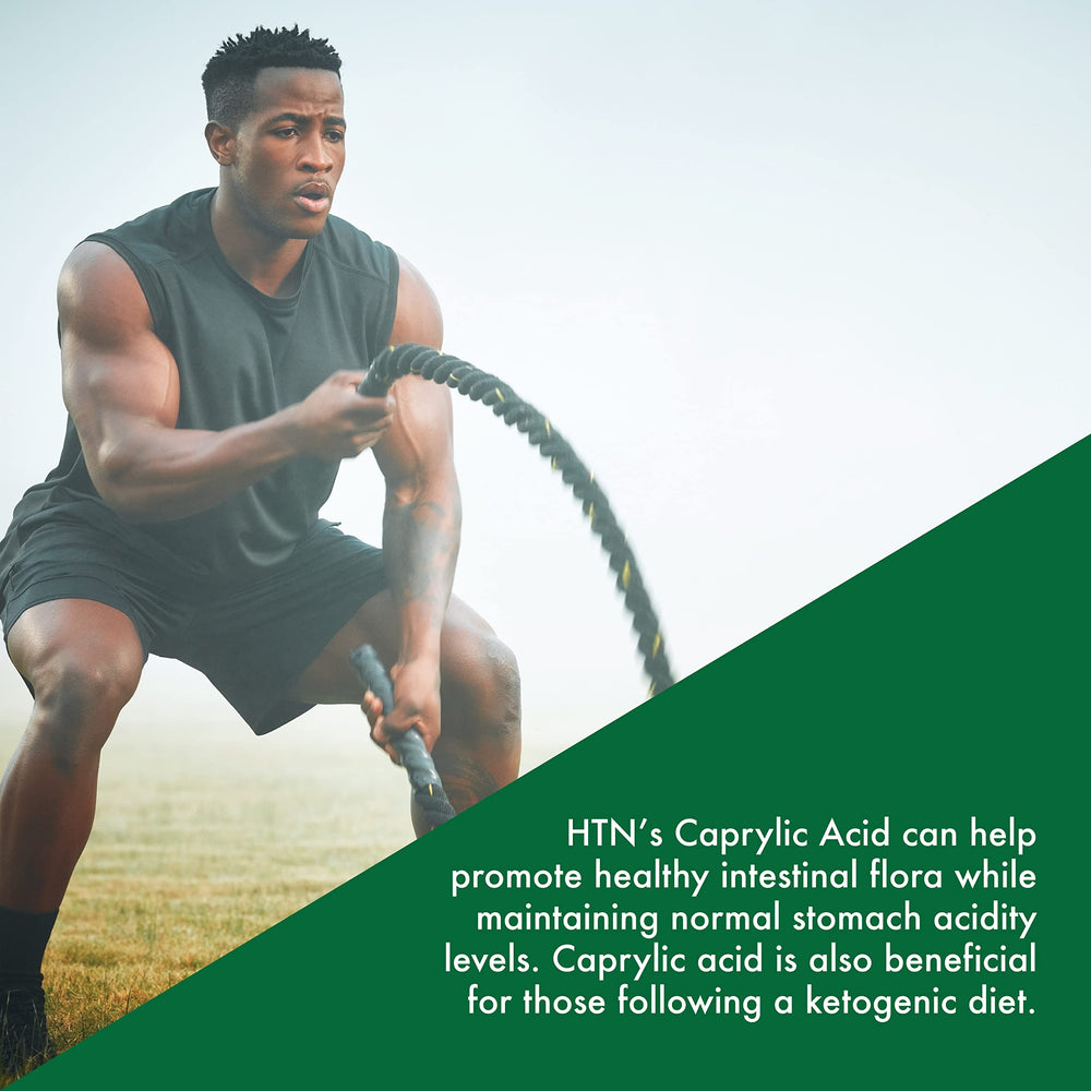 Health Thru Nutrition Caprylic Acid 600mg lifestyle shot for on-the-go energy