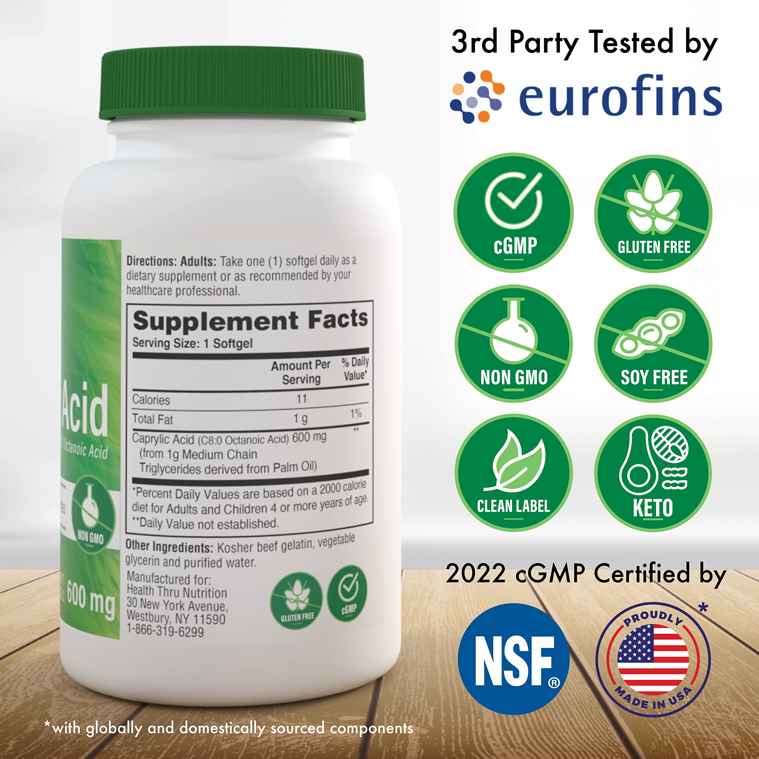 Health Thru Nutrition Caprylic Acid 600mg softgels close-up highlighting pure MCT formulation