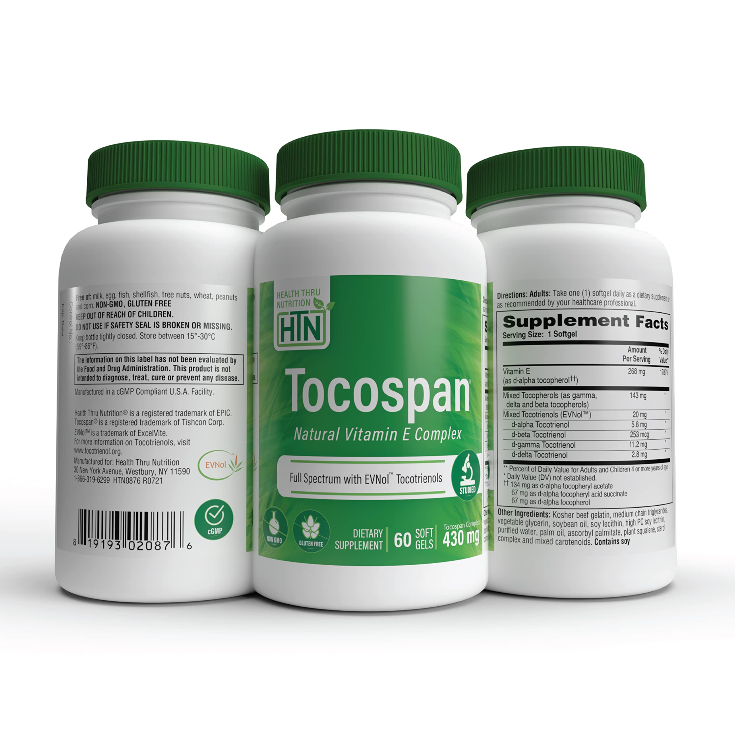Health Thru Nutrition Tocospan bottle with heartbeat graphic suggests cardiovascular support potential.