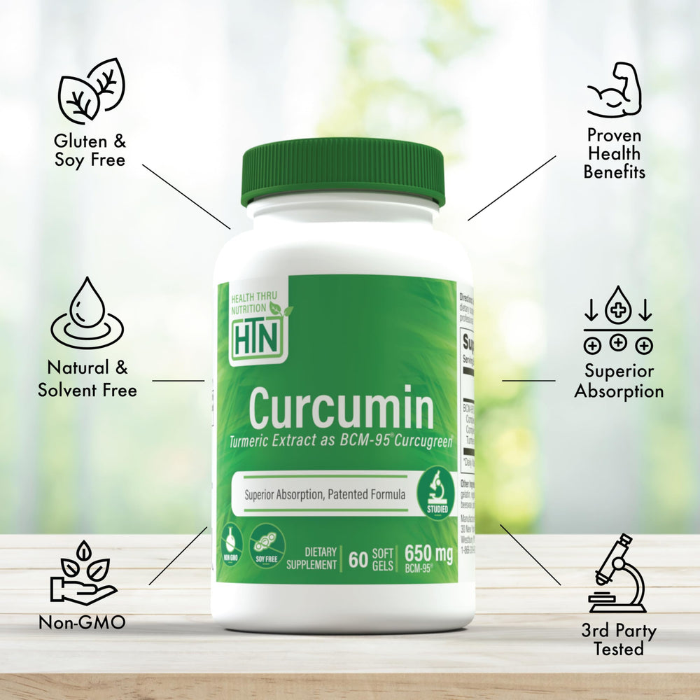 Health Thru Nutrition Curcumin 650mg bottle in hand—premium BCM-95 blend for daily wellness.