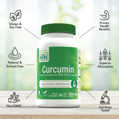 Health Thru Nutrition Curcumin 650mg bottle in hand—premium BCM-95 blend for daily wellness.