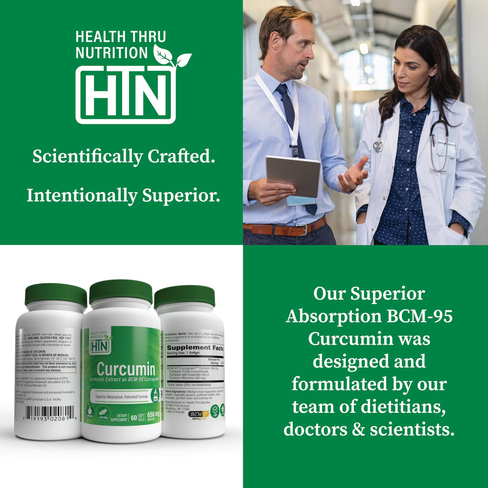 Health Thru Nutrition Curcumin 650mg clinical studies badge—extensive research behind the formula.