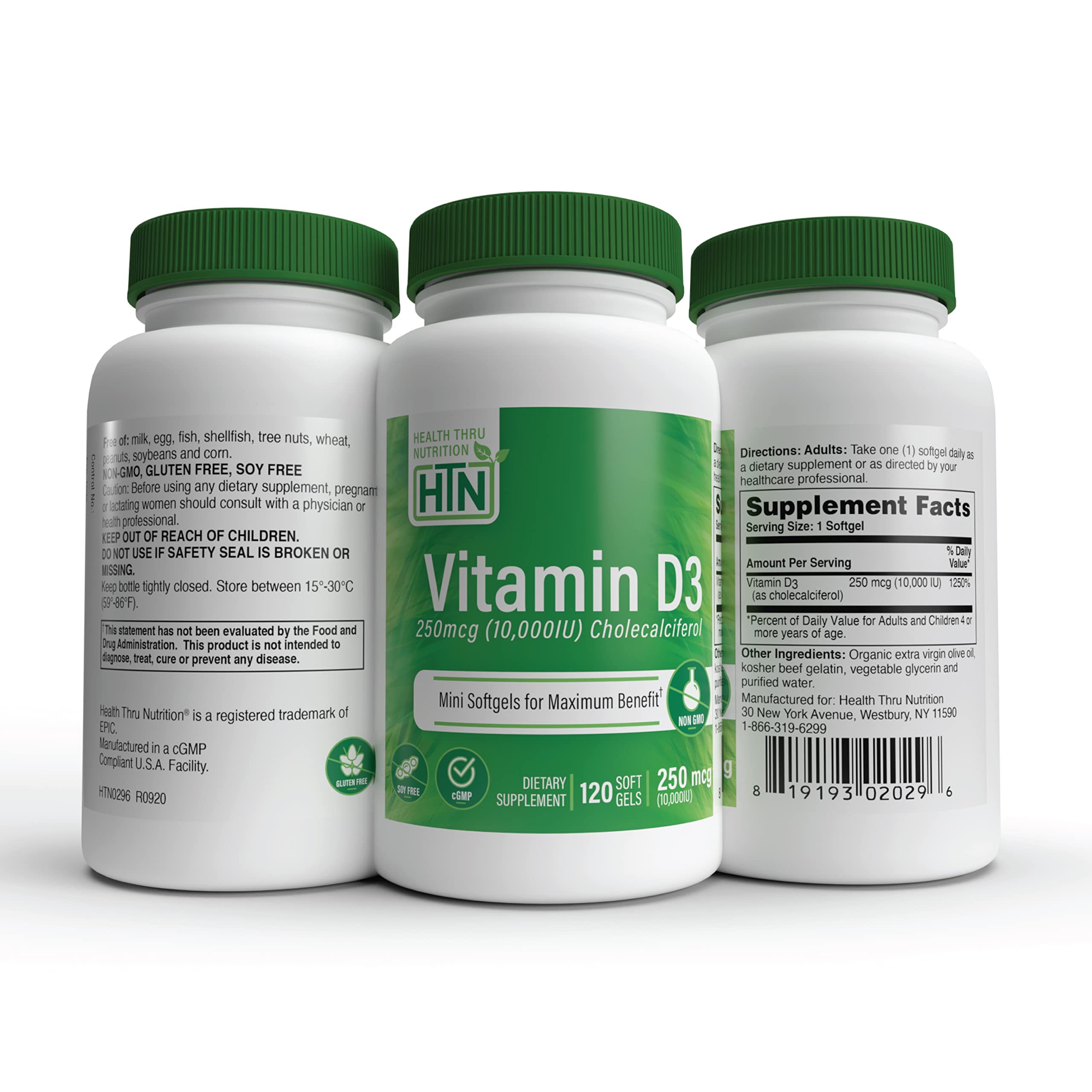 Health Thru Nutrition D3 bottle shows third-party testing and non-GMO labeling