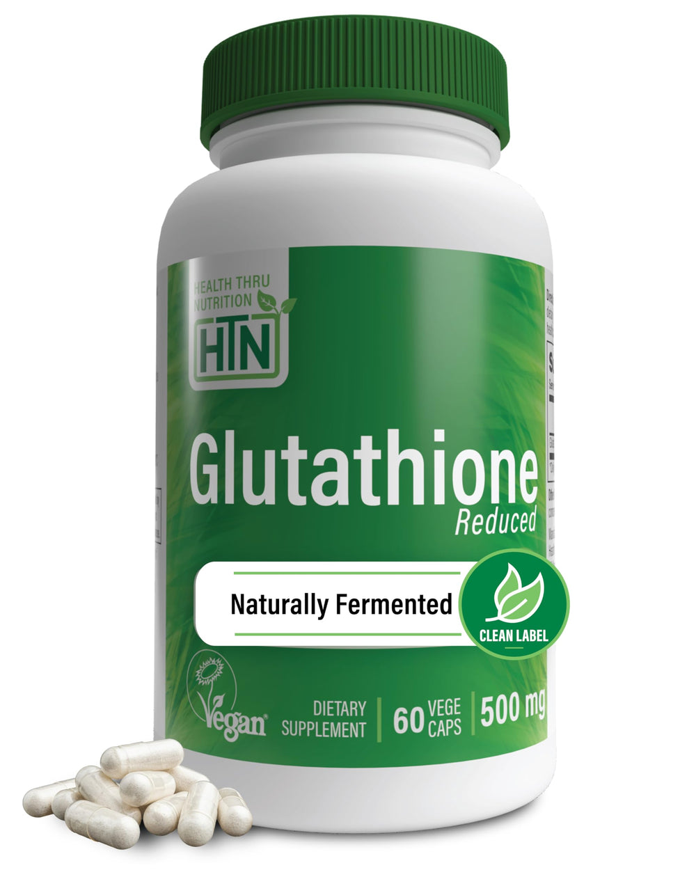 Health Thru Nutrition Glutathione reduced bottle with vegan capsules for healthy aging.