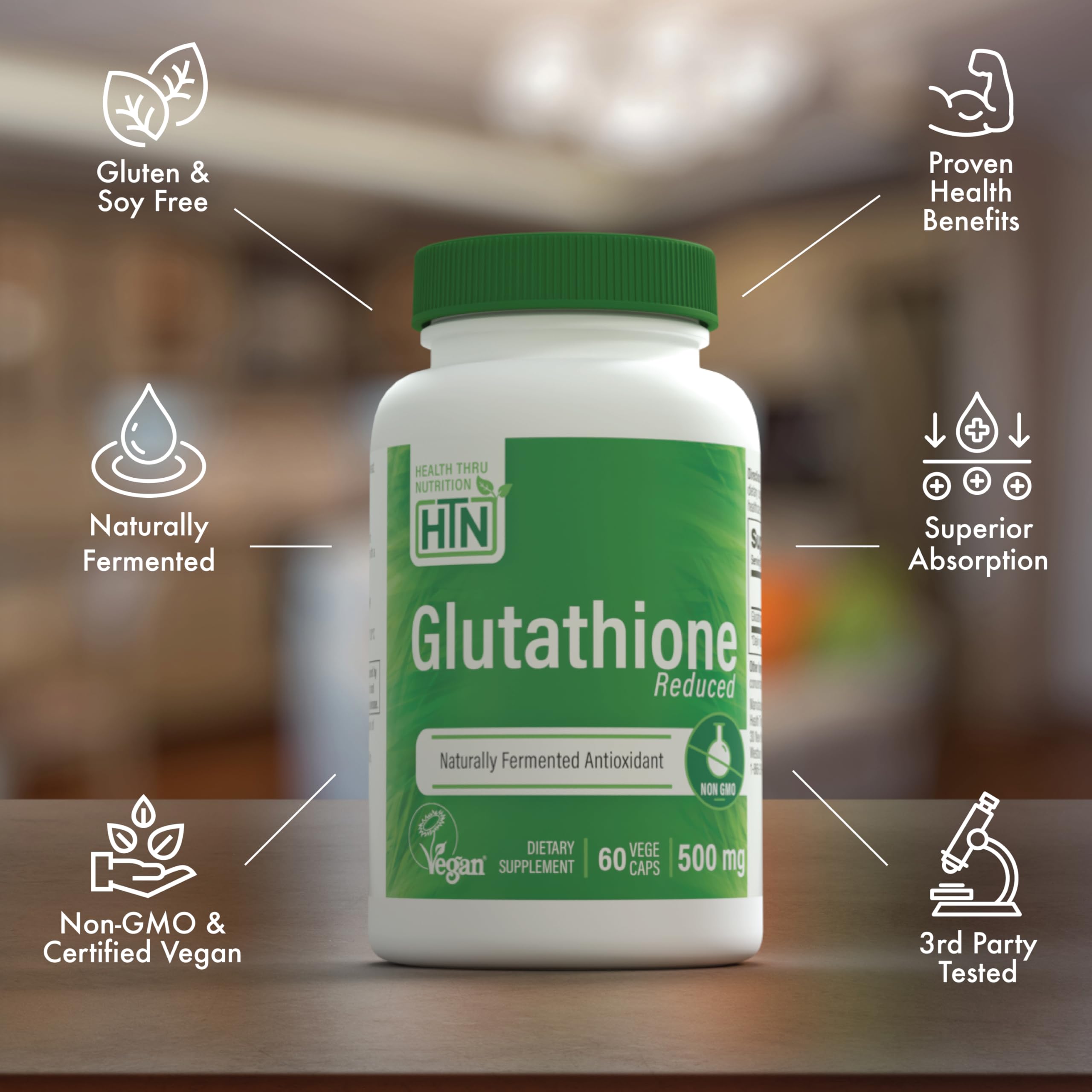 Health Thru Nutrition Glutathione reduced capsule detail shows compact vegan form.