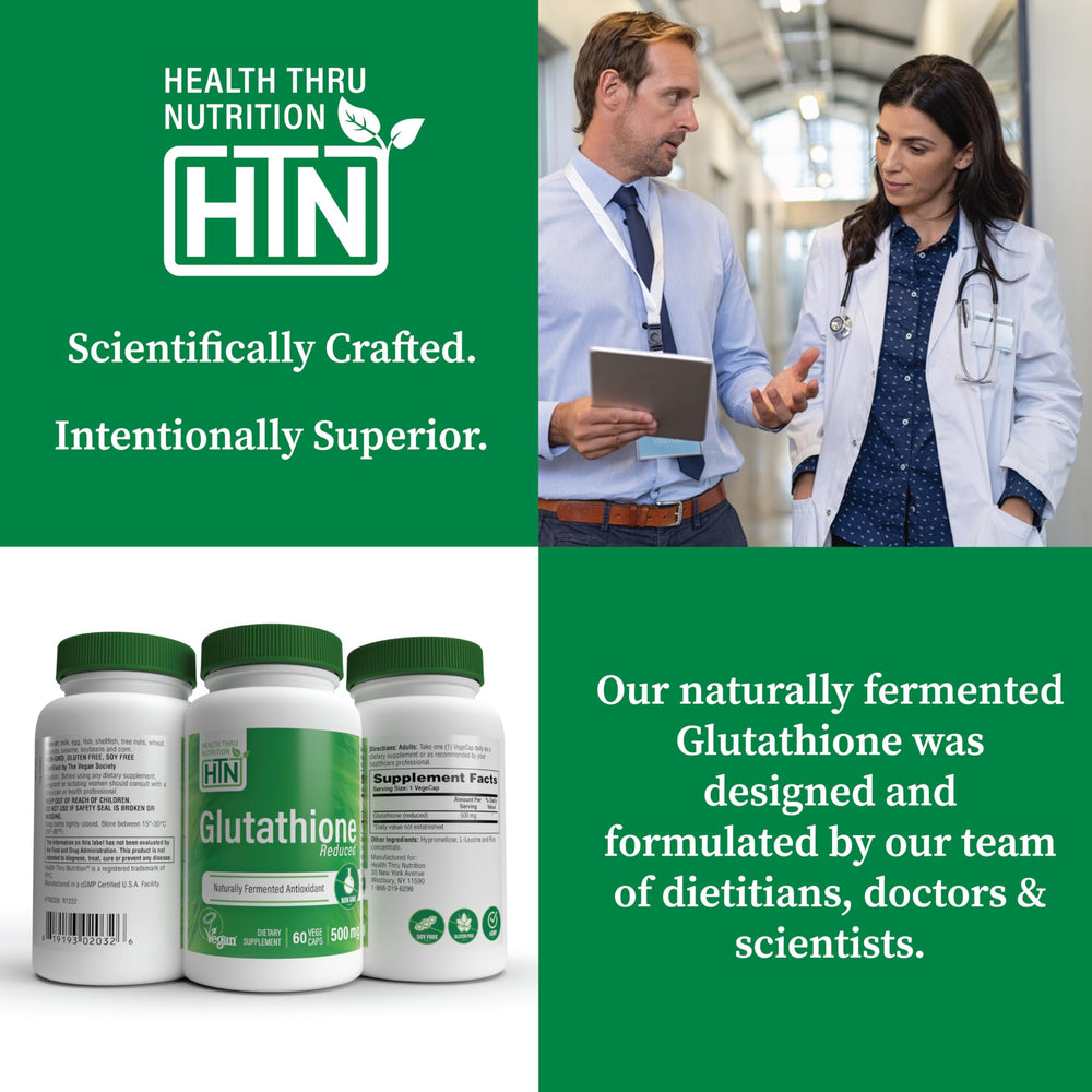 Health Thru Nutrition ingredient panel notes fermented, vegan, non-GMO formulation.