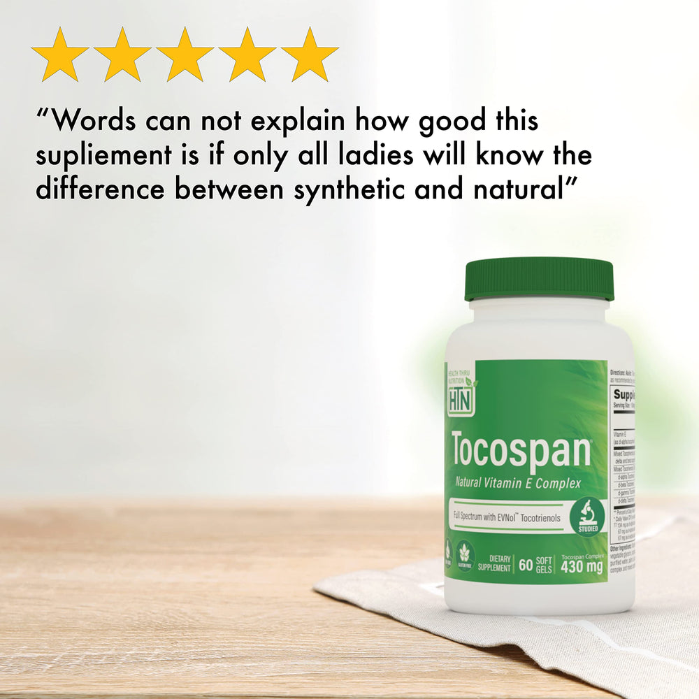 Health Thru Nutrition Tocospan capsules beside citrus fruit illustrate daily immune wellness use.