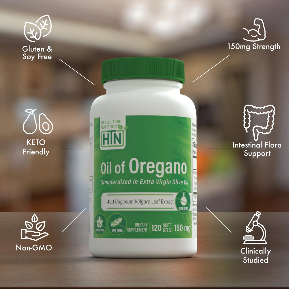 Health Thru Nutrition olive oil carrier with oregano softgels ready to take