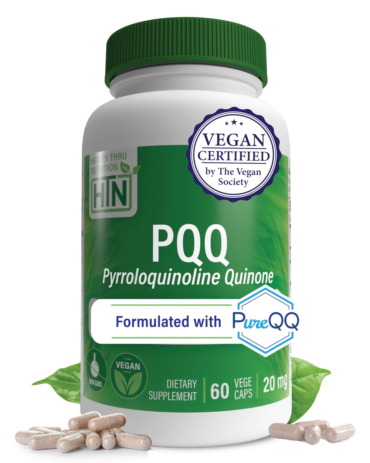 Health Thru Nutrition PQQ 20mg bottle with capsules for daily cellular energy.