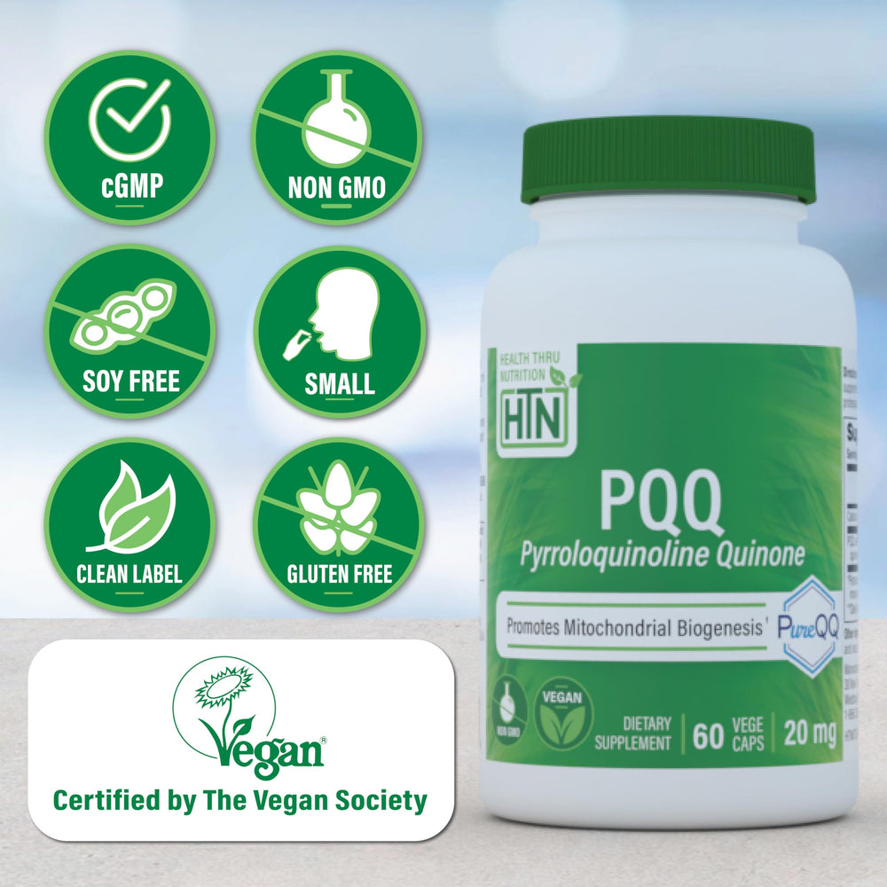 60-serving label on Health Thru Nutrition PQQ bottle for ongoing mitochondrial support.