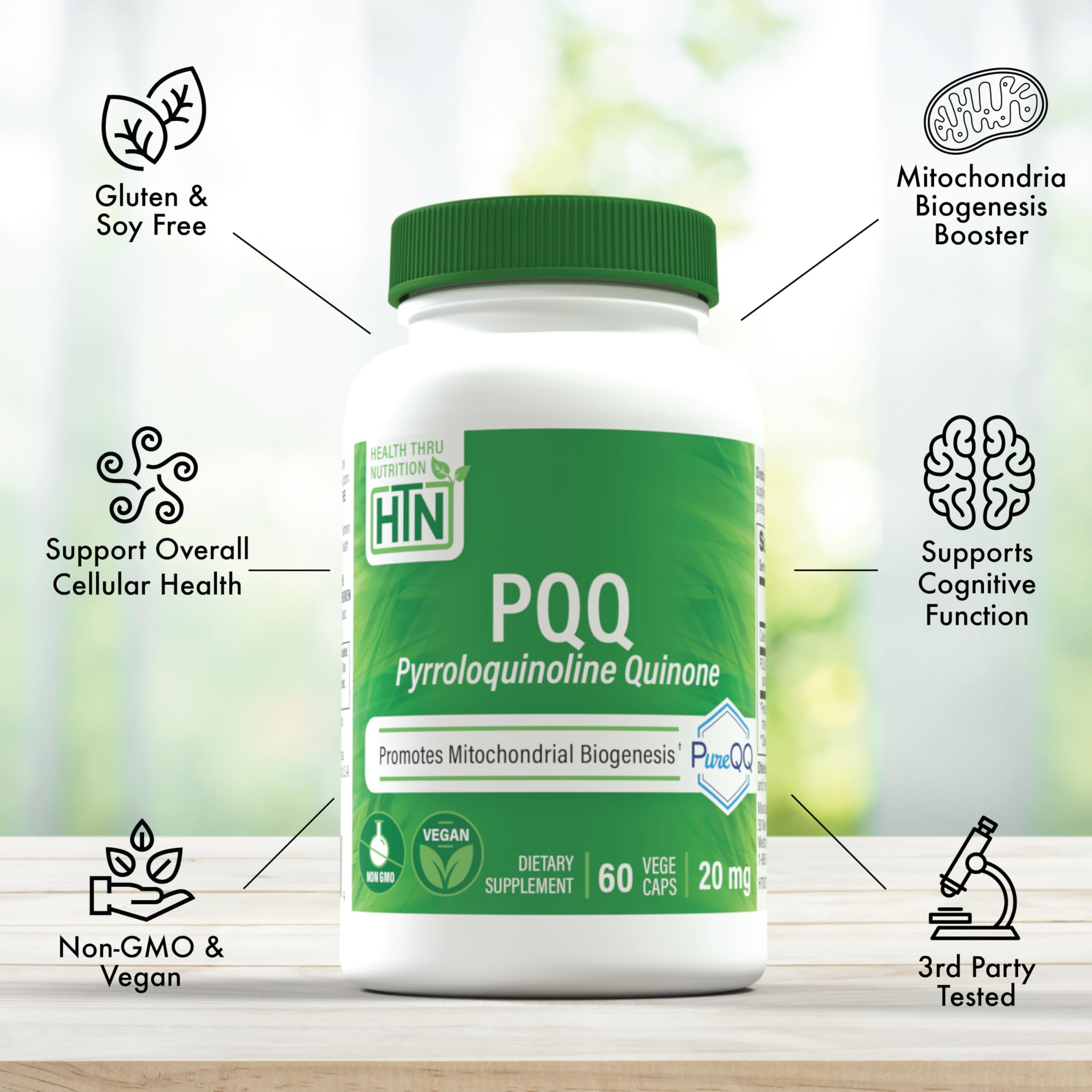 Health Thru Nutrition PQQ bottle on a kitchen counter ready for daily use.
