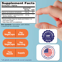 Close-up of Health Thru Nutrition PQQ capsules showing vegan, non-GMO formula.