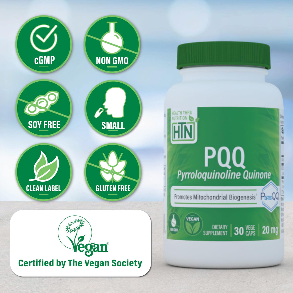PQQ capsules in a Health Thru Nutrition bottle for daily use.