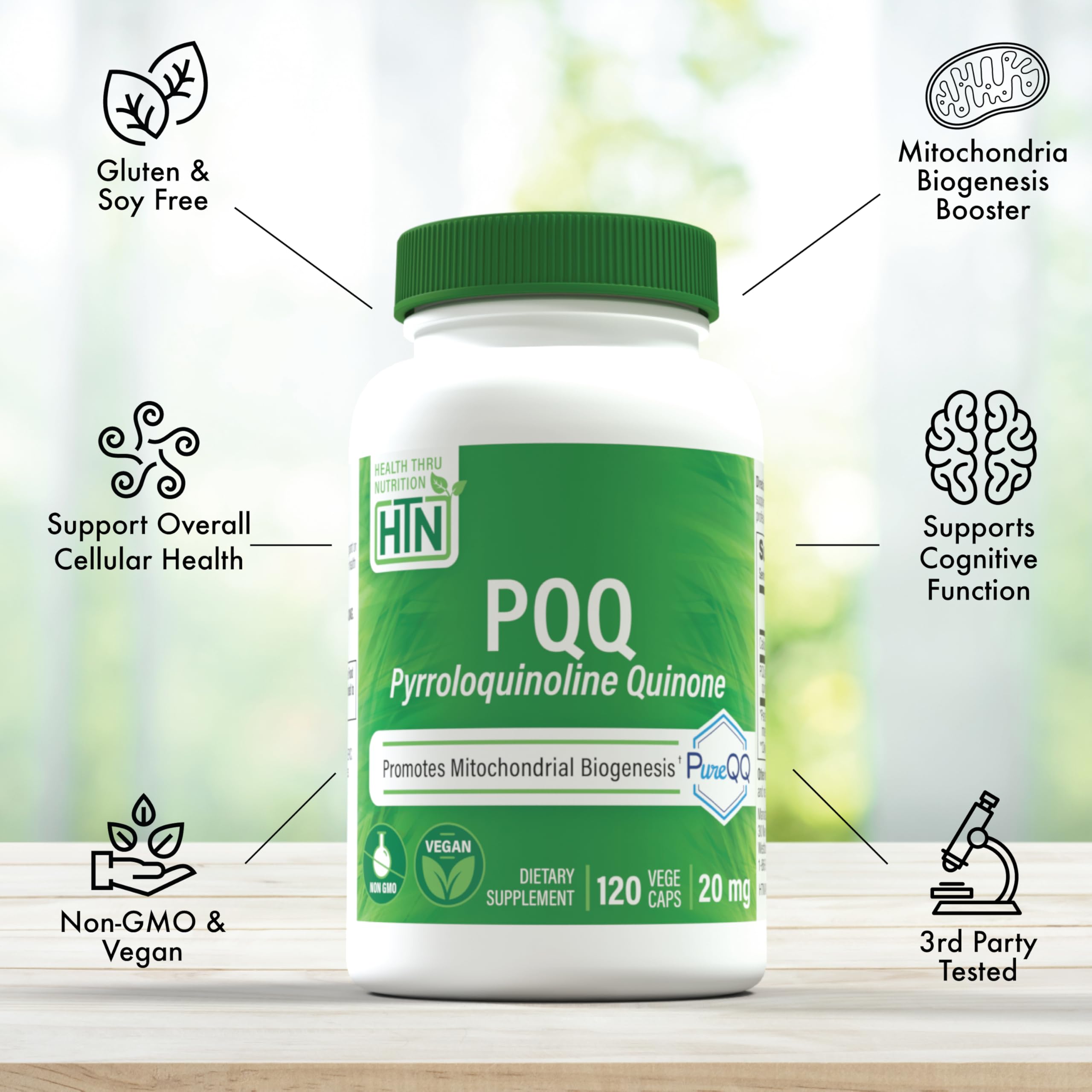 Health Thru Nutrition PQQ glass bottle shot suggests premium quality and controlled-release capsules.