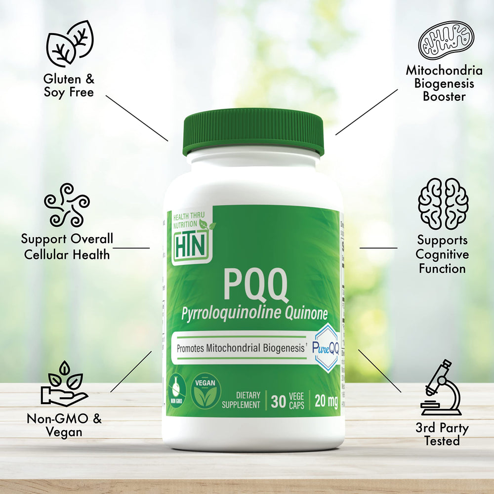 Closeup of Health Thru Nutrition PQQ label emphasizing clean ingredients.