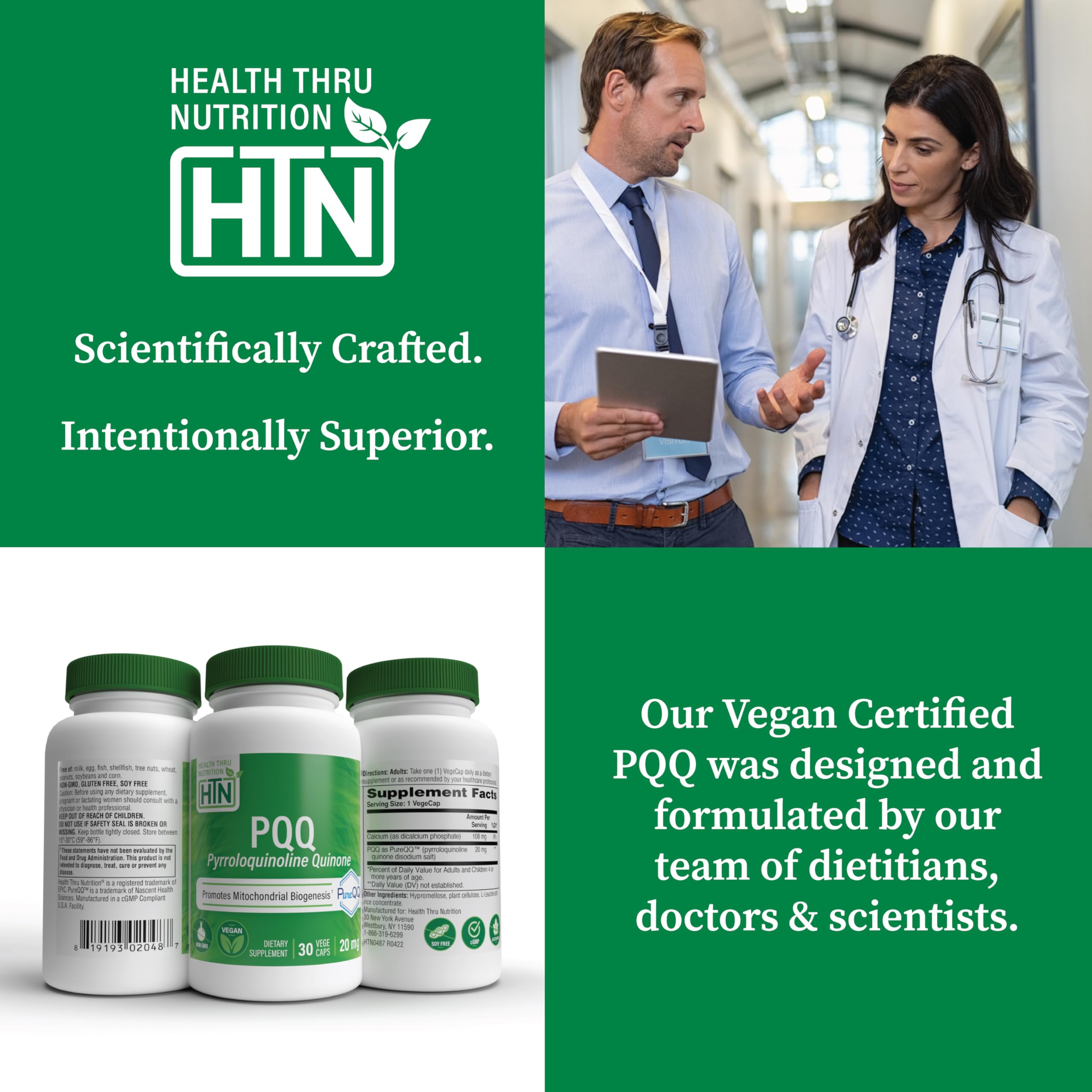 Health Thru Nutrition PQQ third-party testing badge indicating potency.