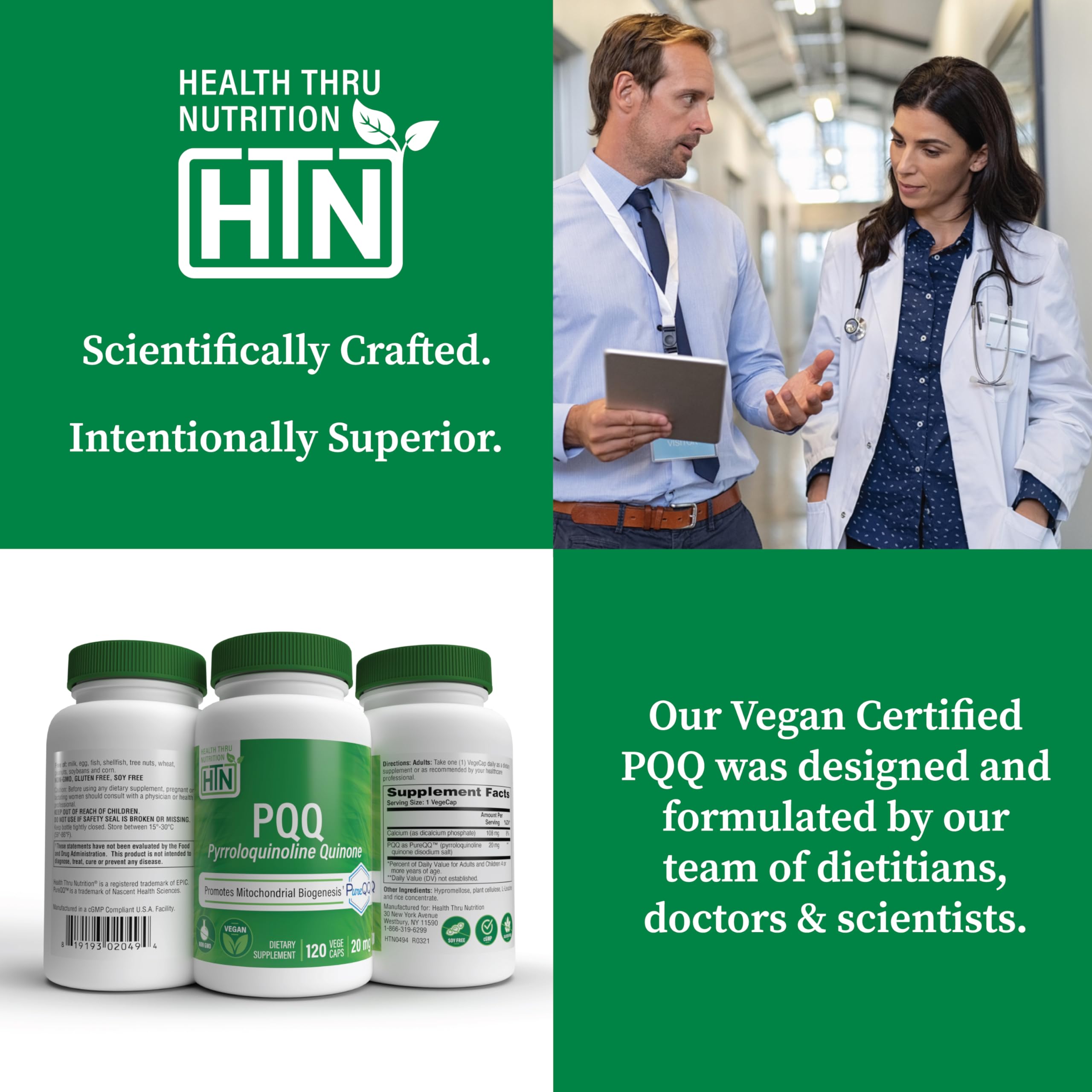 Health Thru Nutrition PQQ packaging display highlights vegan compatible option for mindful wellness routines.