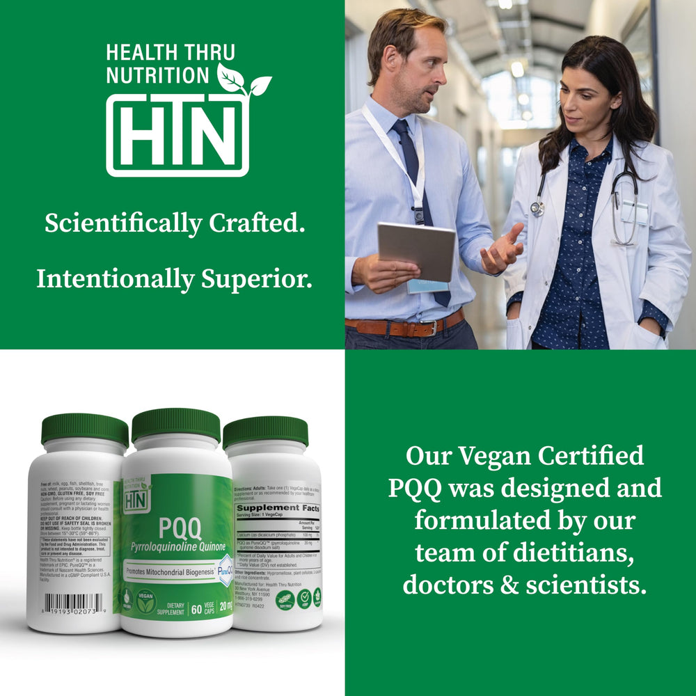 Health Thru Nutrition PQQ bottle label highlights vegan and non-GMO purity for vitality.