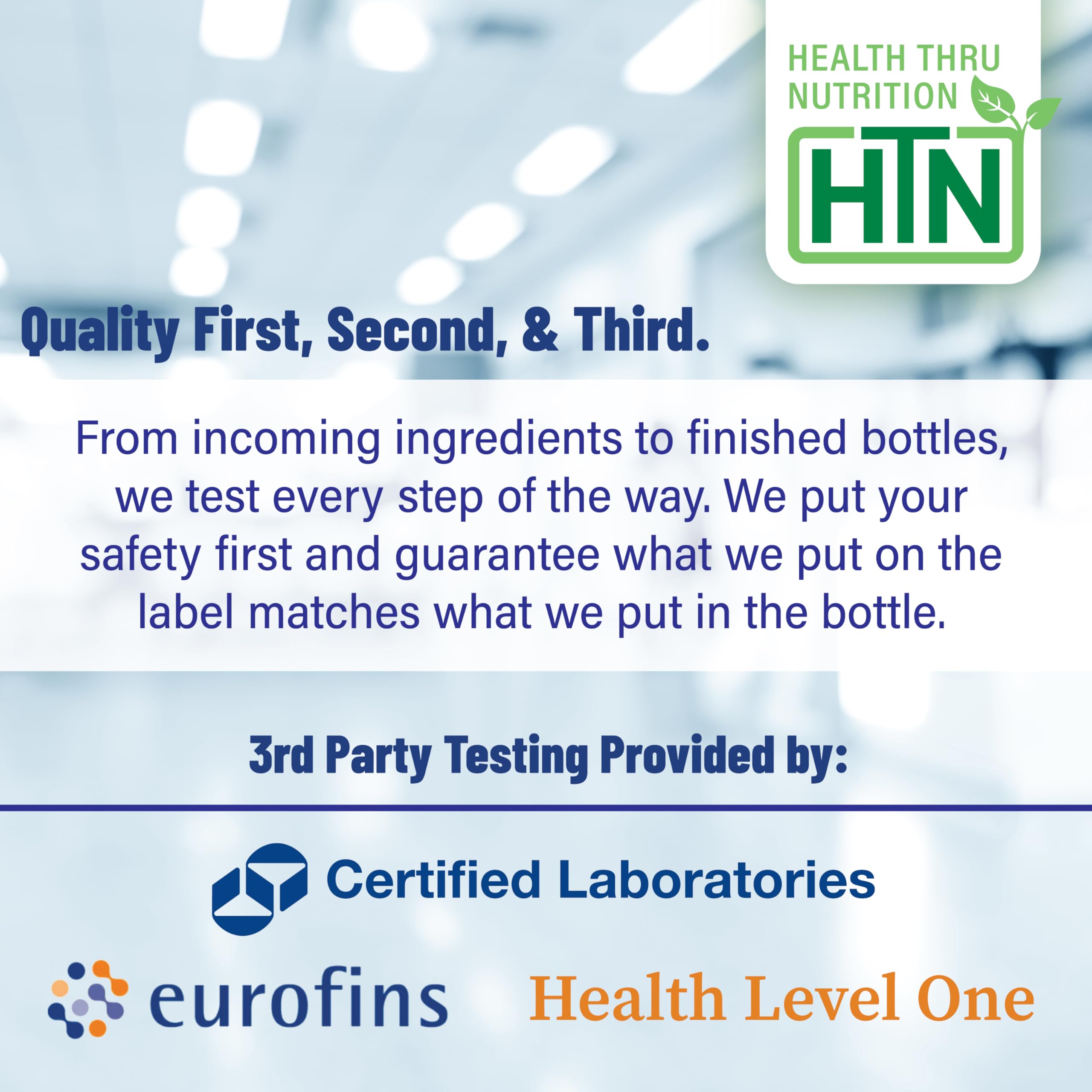 Health Thru Nutrition third-party tested badge on packaging