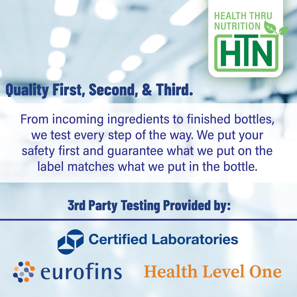 Health Thru Nutrition third-party tested badge on packaging