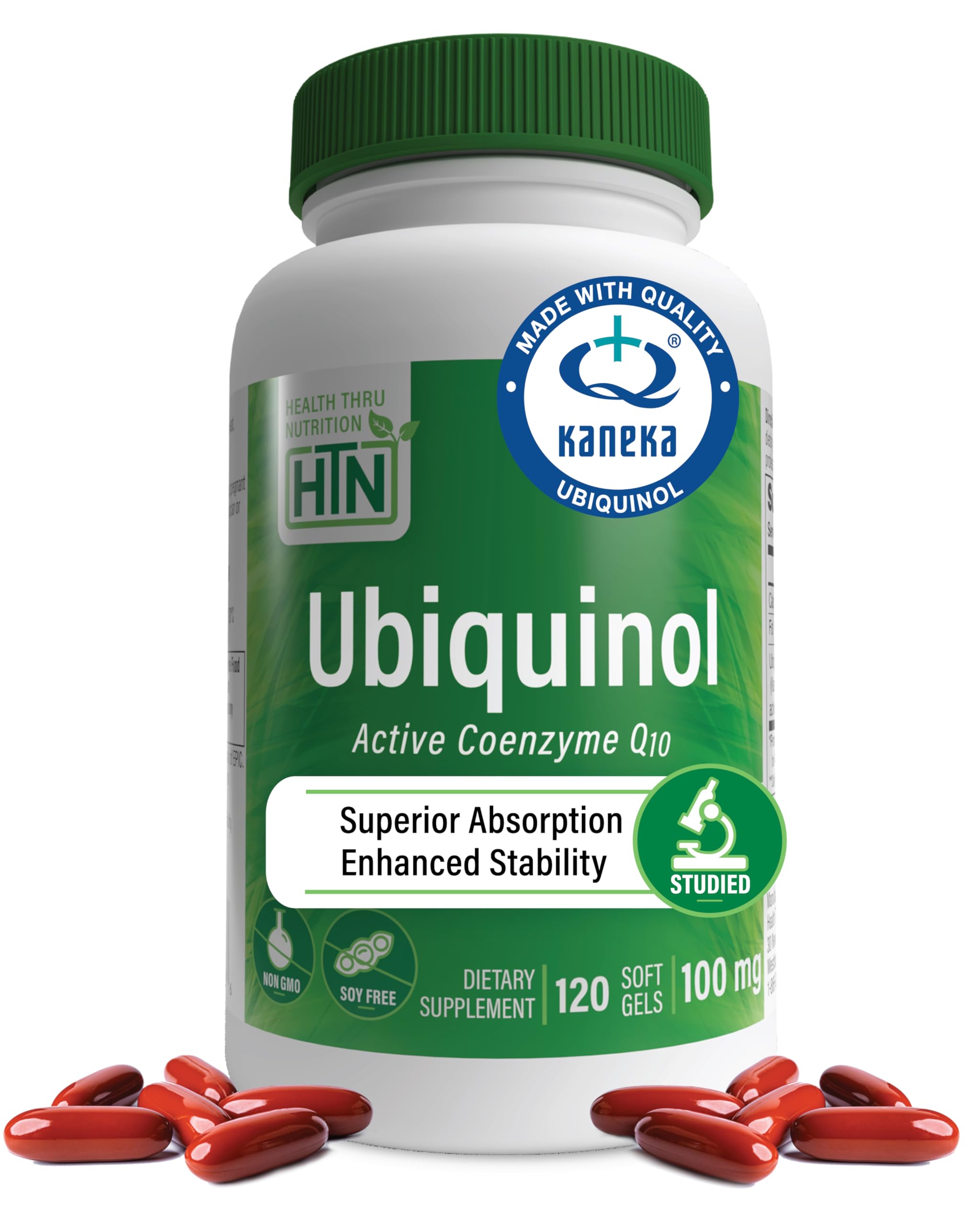 Health Thru Nutrition Ubiquinol 100mg softgels bottle front for daily cardiovascular support.