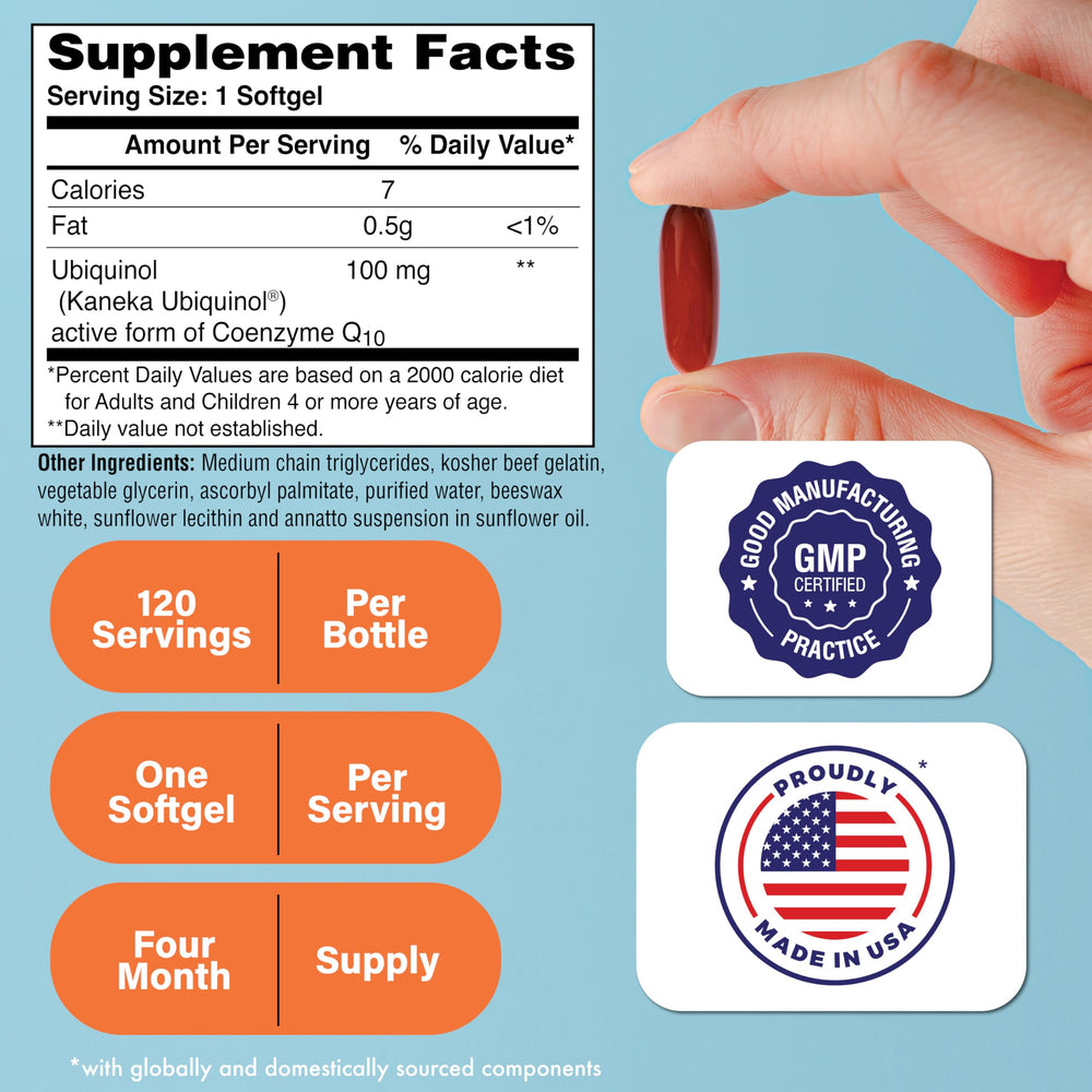 Ubiquinol bottle side view highlighting easy-to-swallow capsules for daily energy support.