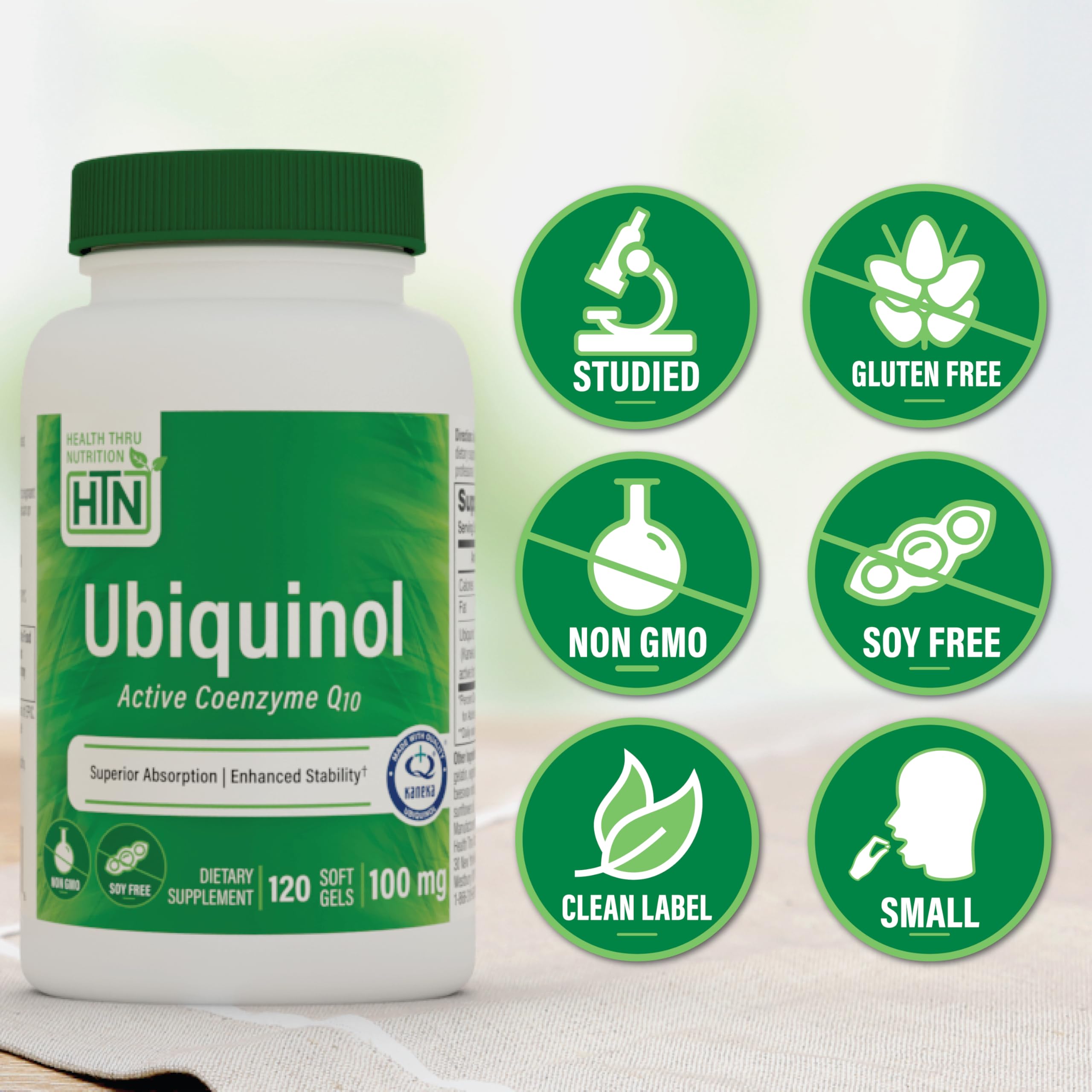 Closeup of ubiquinol capsules emphasizing stabilized CoQ10 formulation.