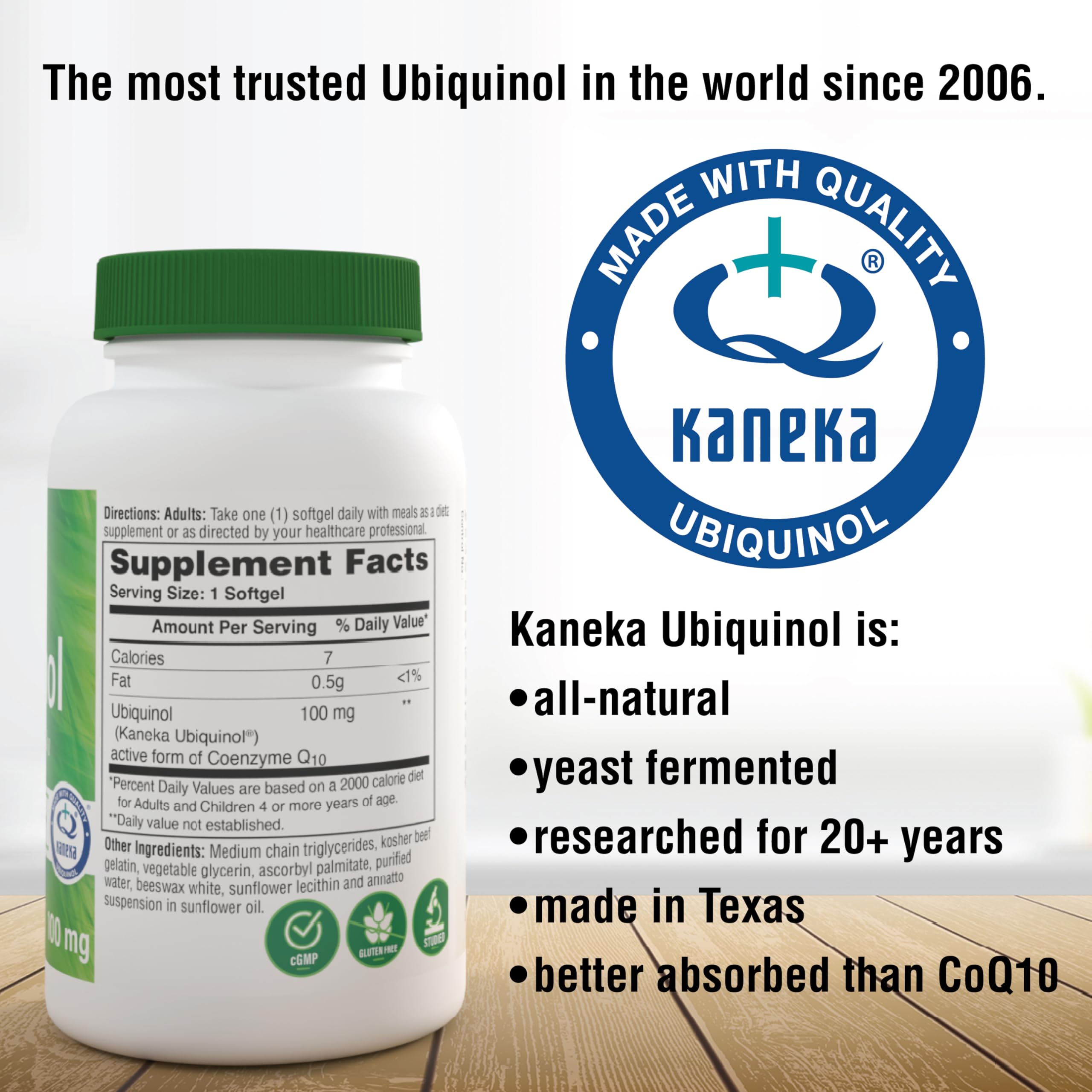 Kaneka QH label closeup indicating trusted ubiquinol source and quality assurance.