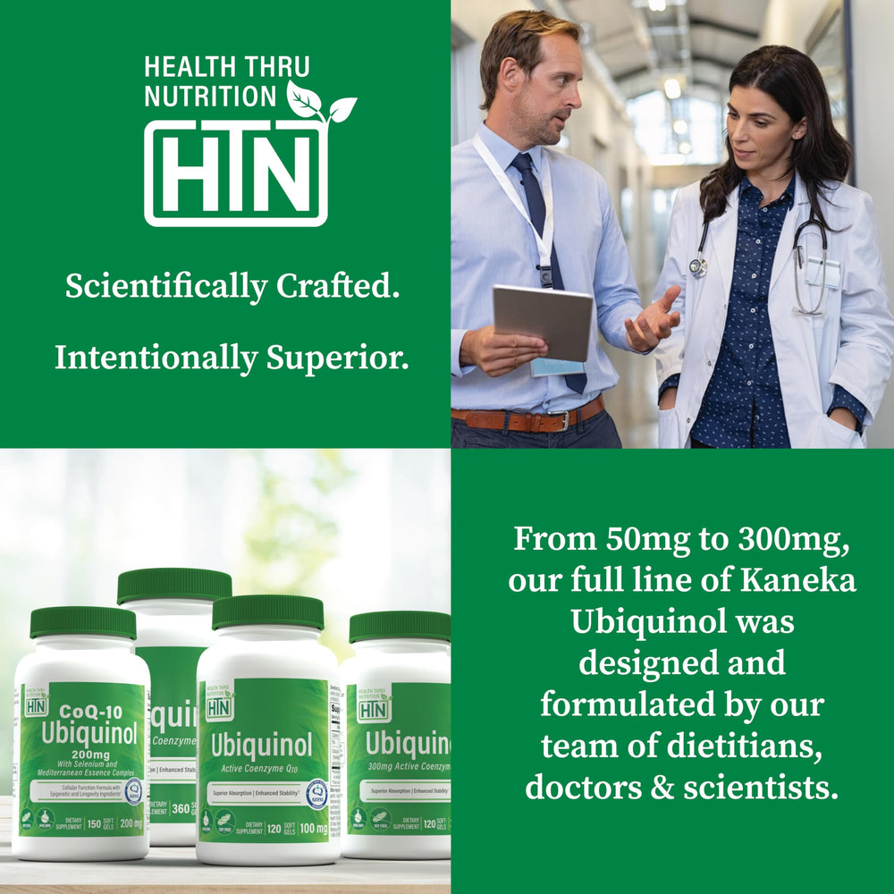 Packaging box showing Health Thru Nutrition non-GMO ubiquinol softgels.
