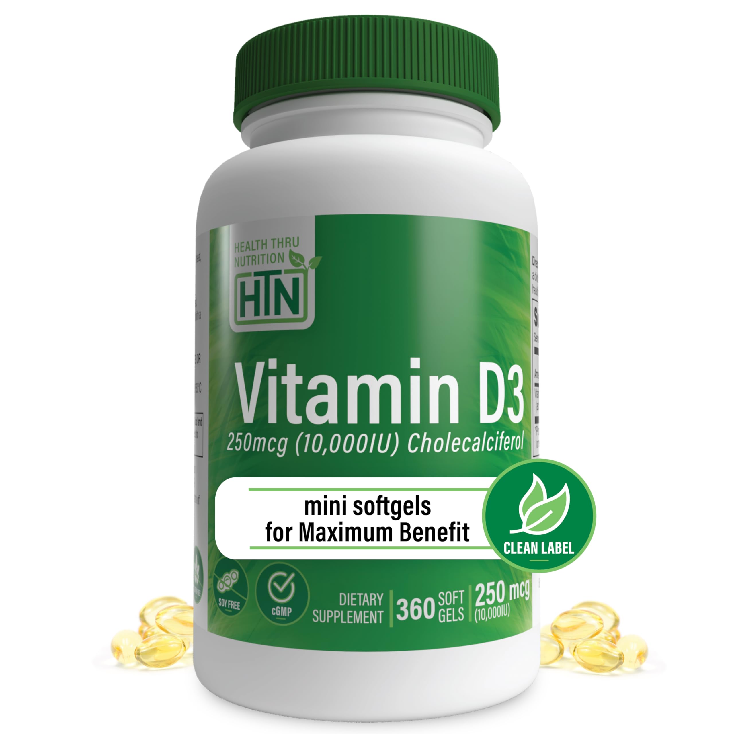 Health Thru Nutrition Vitamin D3 bottle pour showing high potency for immune support