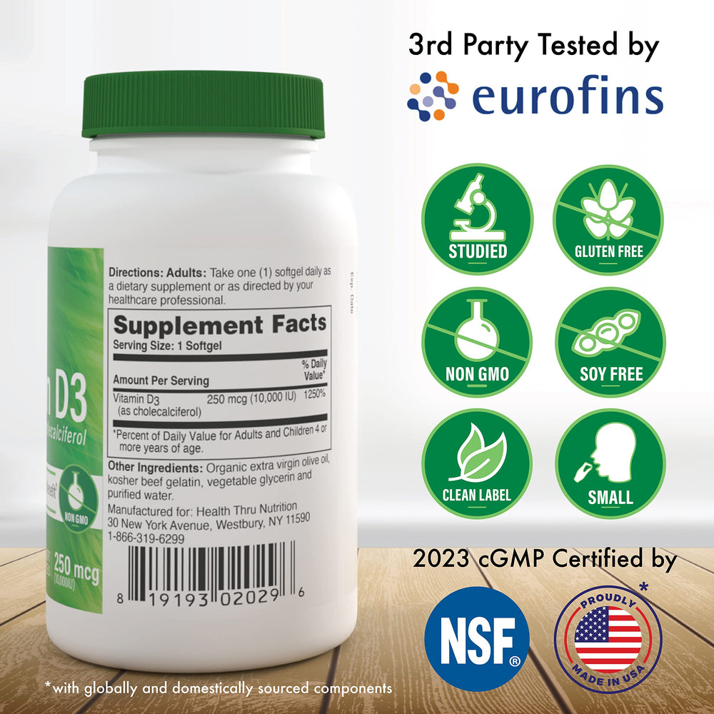 Health Thru Nutrition Vitamin D3 capsules close-up highlighting high potency