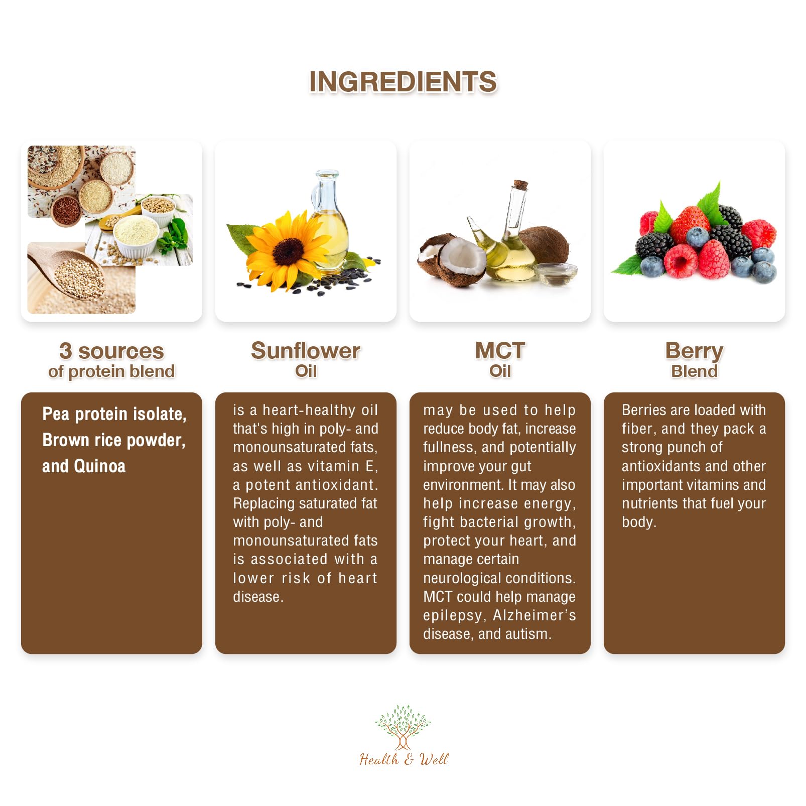 Health & Well chocolate protein powder in a bowl for a quick shake