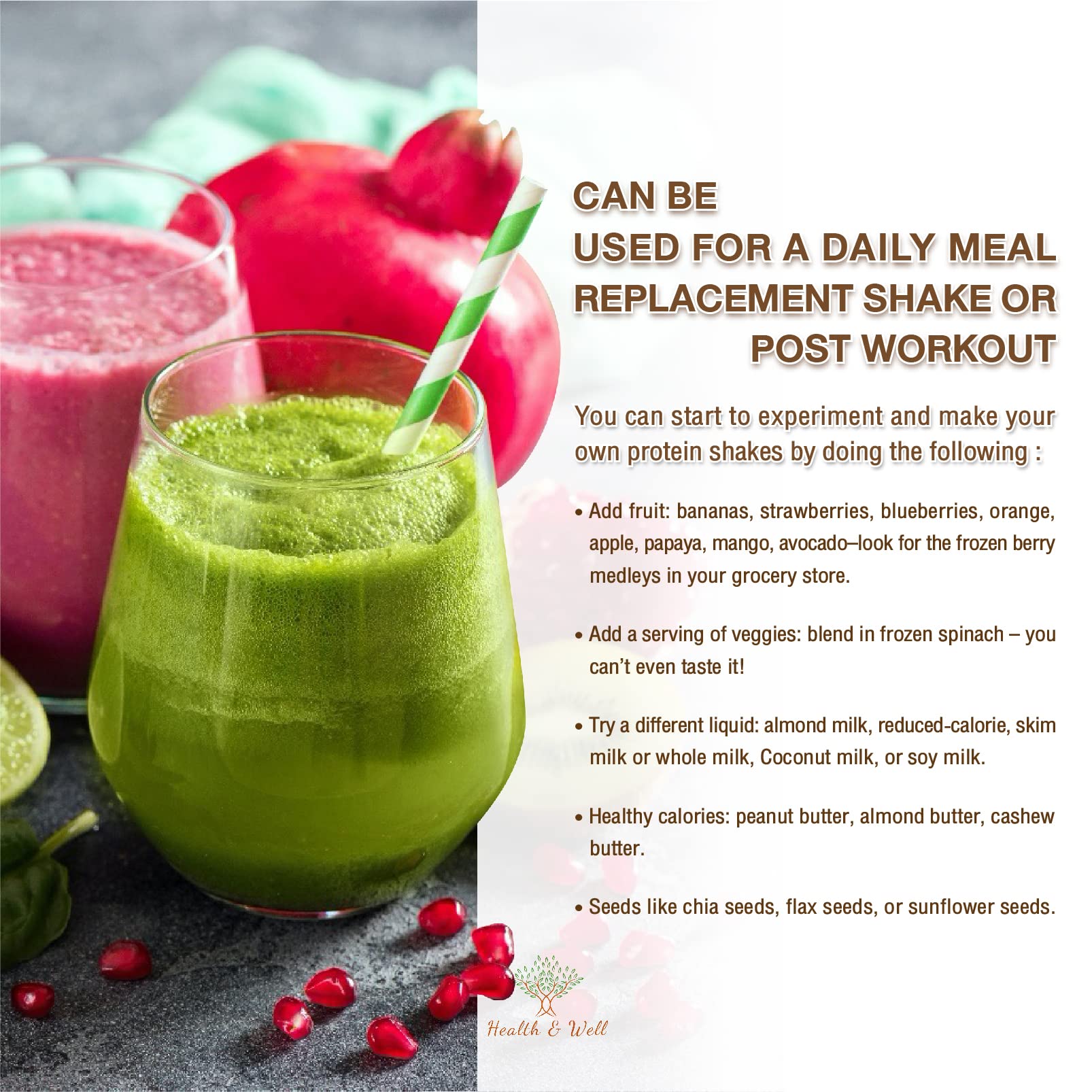 Health & Well vanilla protein powder scoop beside a glass of smoothie.