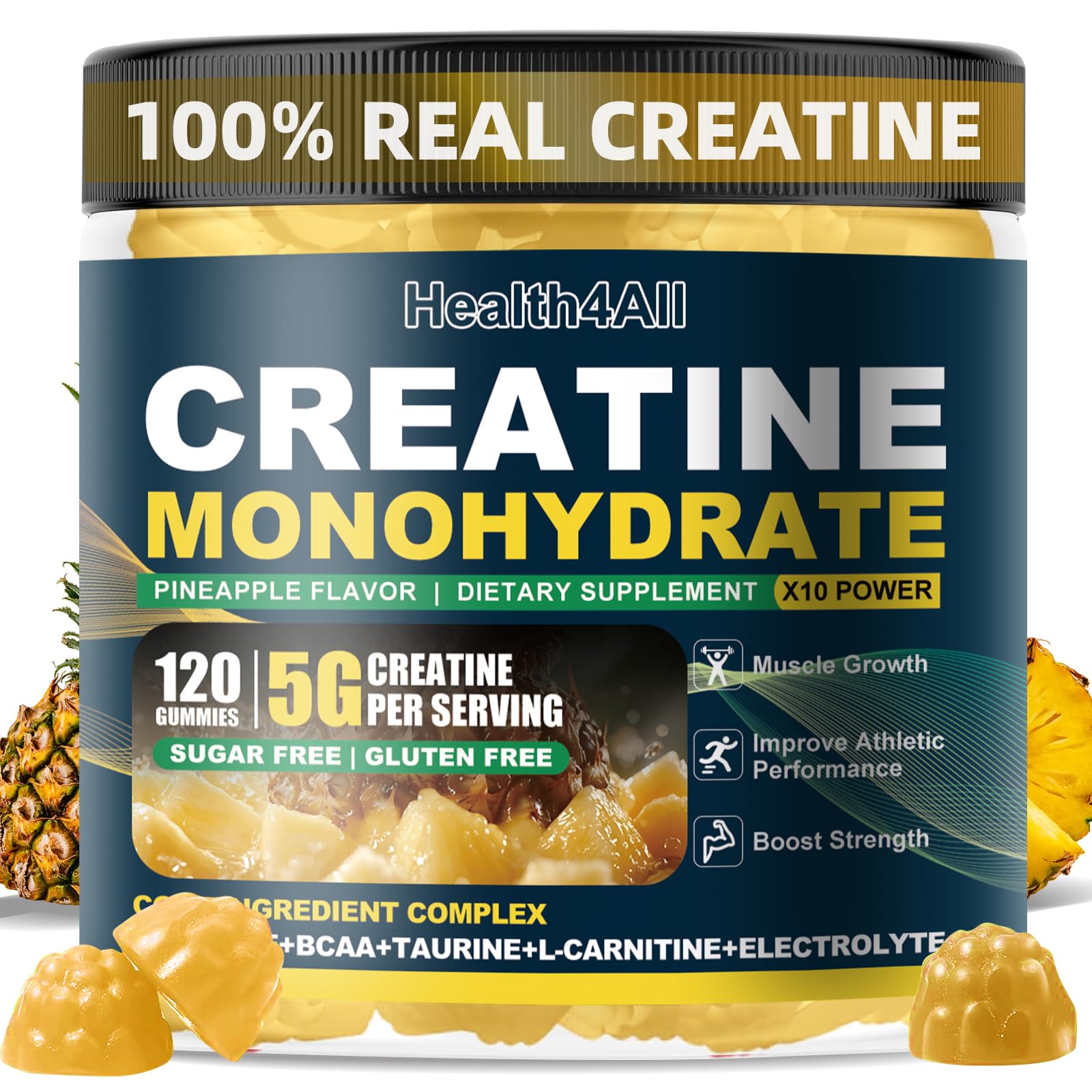 Health4All Creatine Monohydrate Gummies bottle with pineapple flavor supporting on-the-go energy.