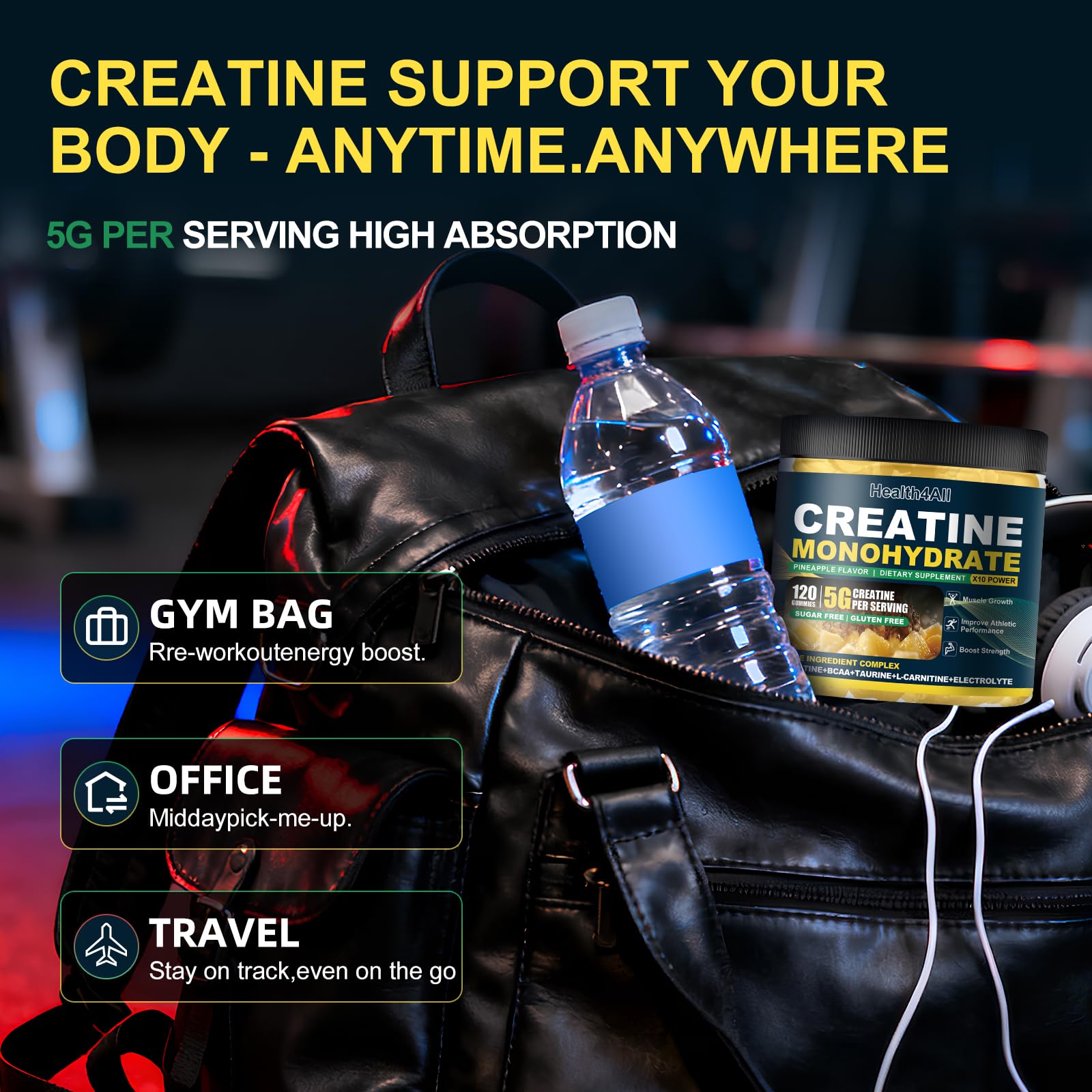 Health4All Creatine Monohydrate Gummies pineapple gummies on a tray.