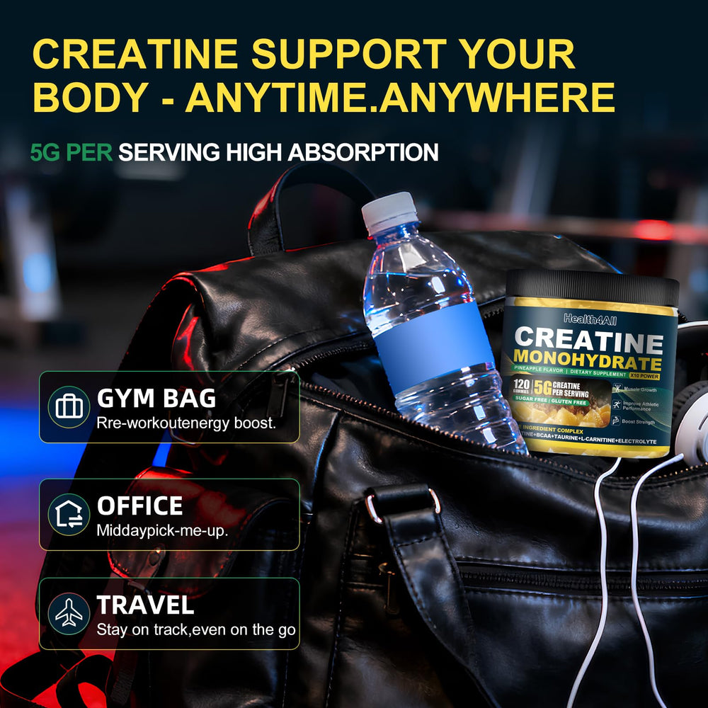 Health4All Creatine Monohydrate Gummies pineapple gummies on a tray.