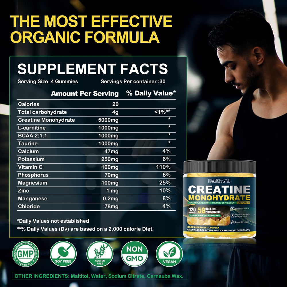 Health4All Creatine Monohydrate Gummies vegan formula showcasing plant-based ingredients.
