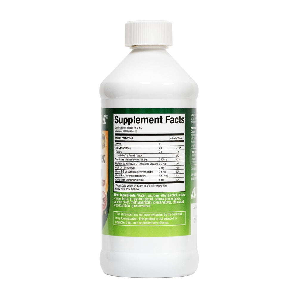 HealthA2Z liquid B-complex label close-up highlighting ingredients and orange flavor