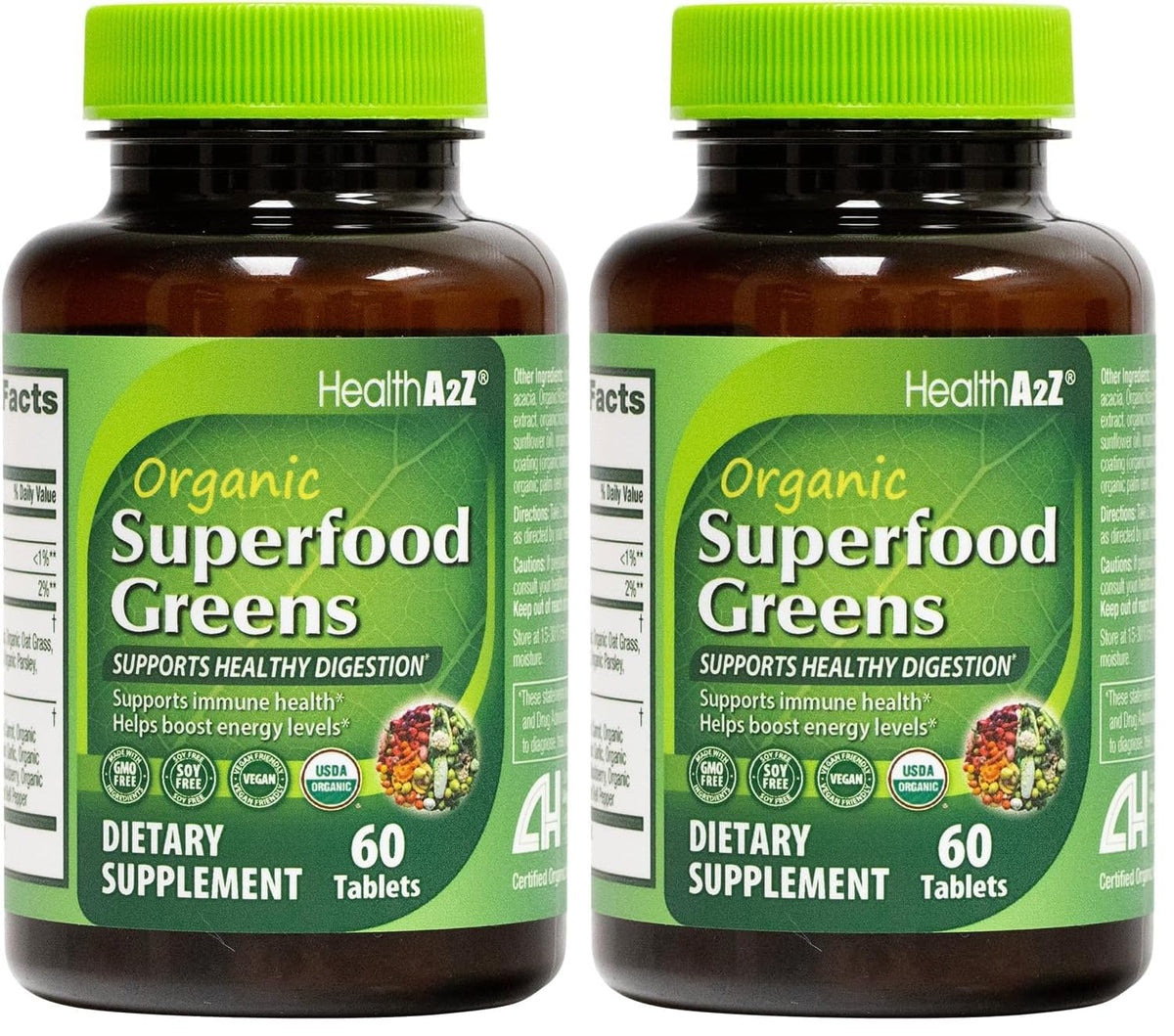 HealthA2Z Organic Superfood Greens bottle promotes daily energy.