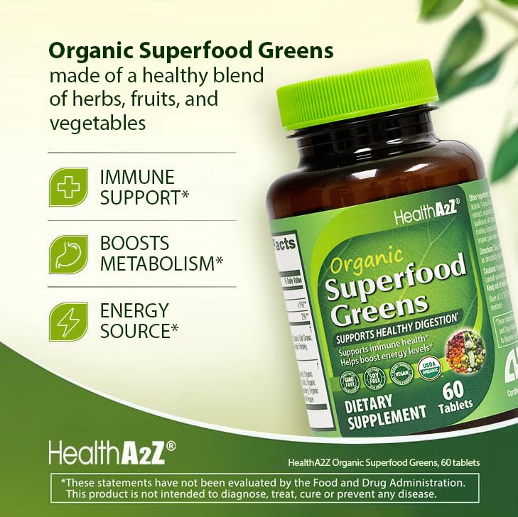 HealthA2Z Organic Superfood Greens daily use tablet format.